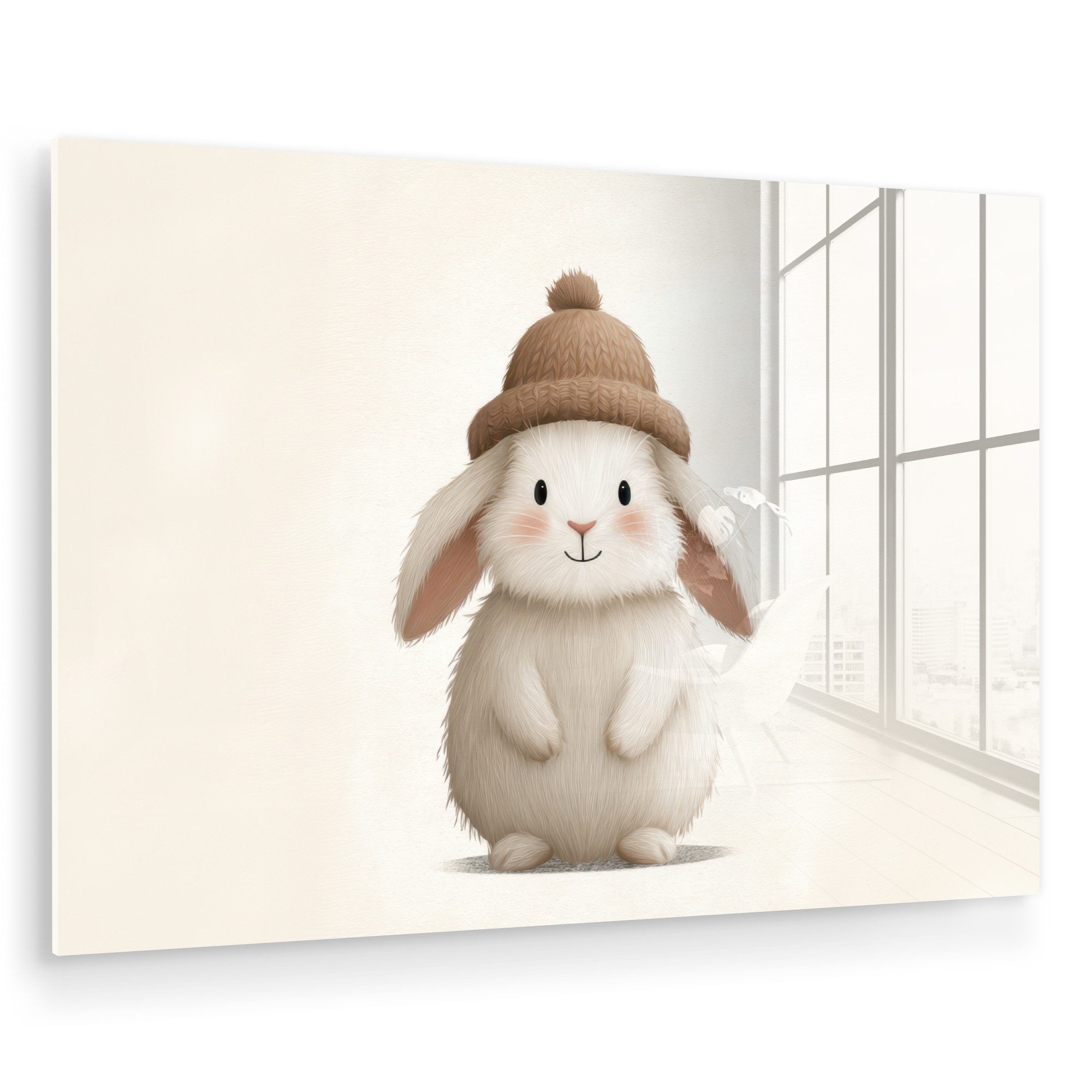 MuchoWow Acrylglasbild Kaninchen - Hut - Ohren - Beige, Inkl. Aufhängung, Glasbilder Wohnzimmer & Schlafzimmer XXL, 120x80 cm