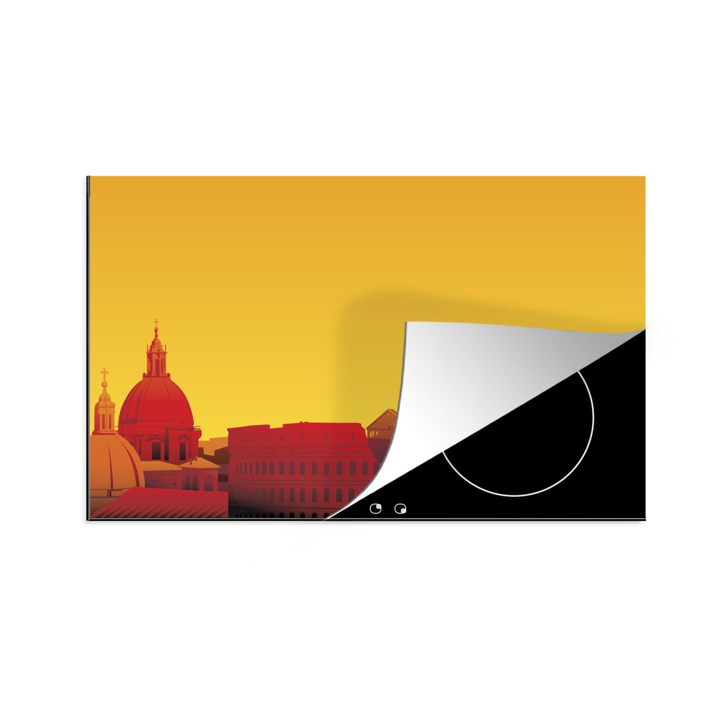 MuchoWow Herdblende-/Abdeckplatte Illustration der Skyline von Rom mit einem gelben Hintergrund, Vinyl, (1 tlg), 83x51 cm, Ceranfeldabdeckung, Arbeitsplatte für küche