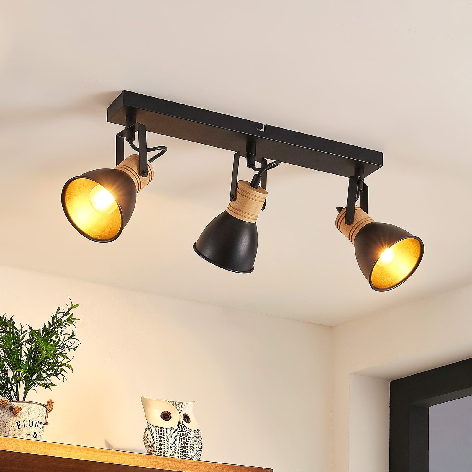 Nettlife Deckenstrahler 1/2/3/4 flammig schwarz E14 Vintage Spots aus Metall Holz industrielle, ohne Leuchtmittel, für Flur Küche Wohnzimmer Schlafzimmer