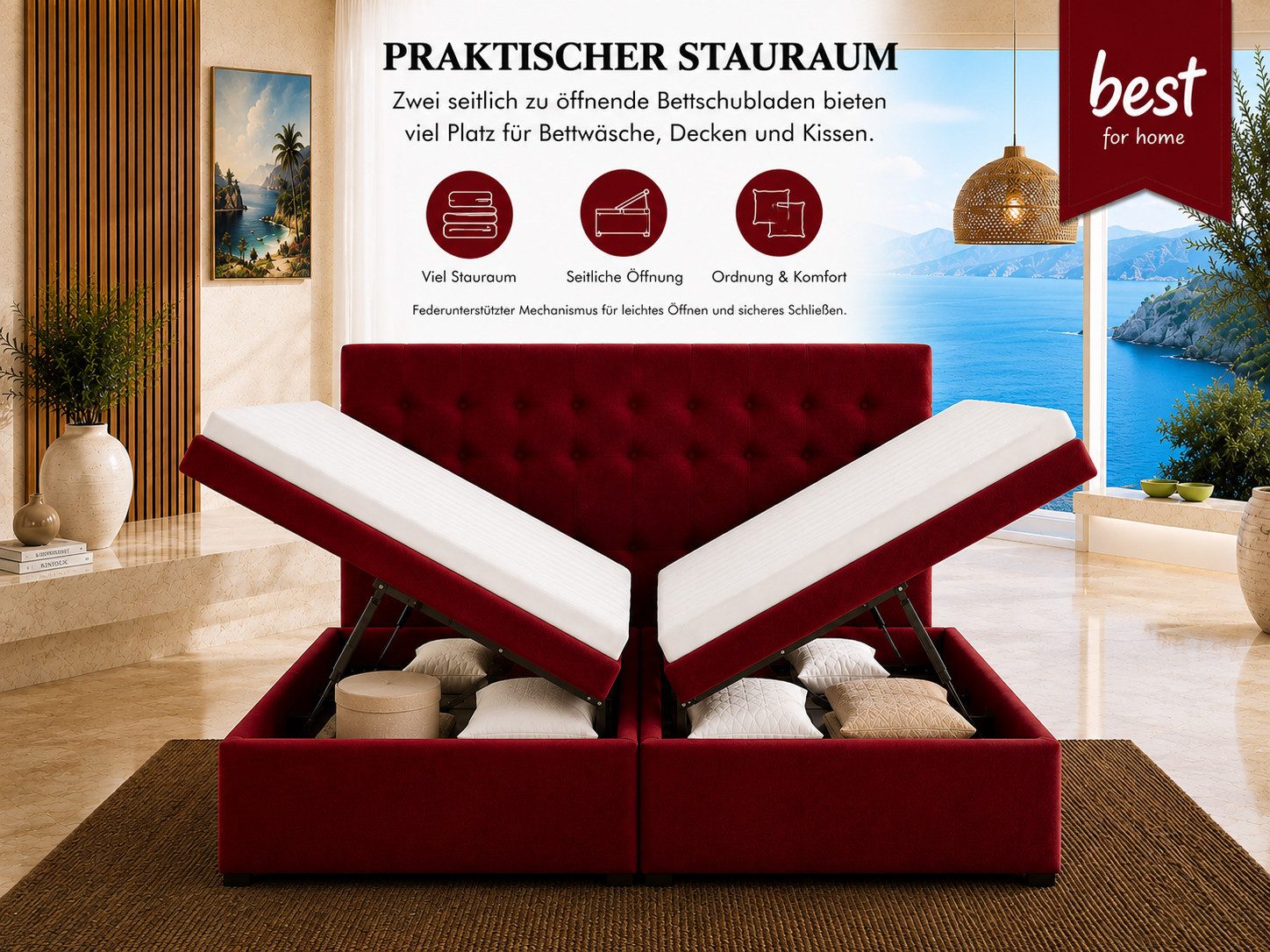 Best for Home Boxspringbett Polsterbett mit 7-Zonen-Taschenfederkernmatratze und Schubladen (Komplettset (Boxspringbett inkl. 2 Matratzen, Topper & Stauraum-Schubladen), 6-St., 140x200 160x200 180x200 200x200 cm)