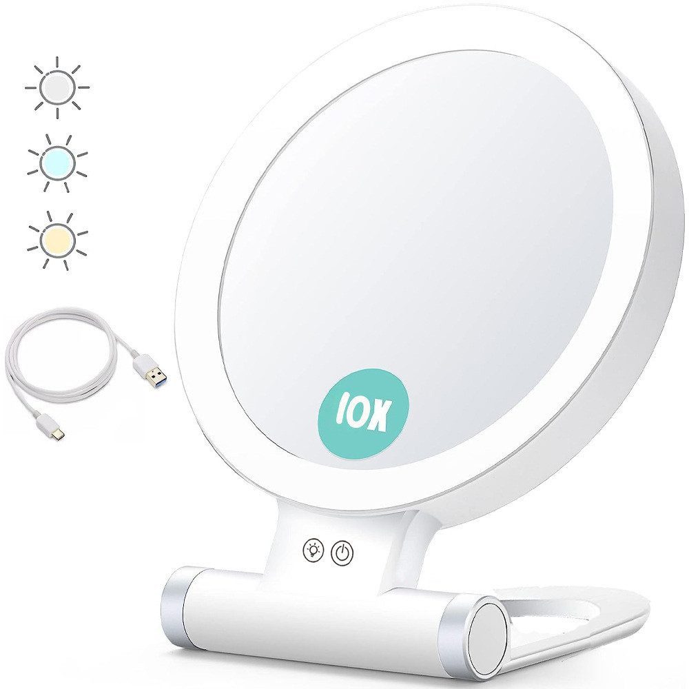 feinlux Schminkspiegel Kosmetikspiegel Schminkspiegel Kosmetikspiegel Wandspiegel (Set, Runder, drehbarer, doppelseitiger Kosmetikspiegel für den Tisch), 10-fache Vergrößerung, LED-Beleuchtung