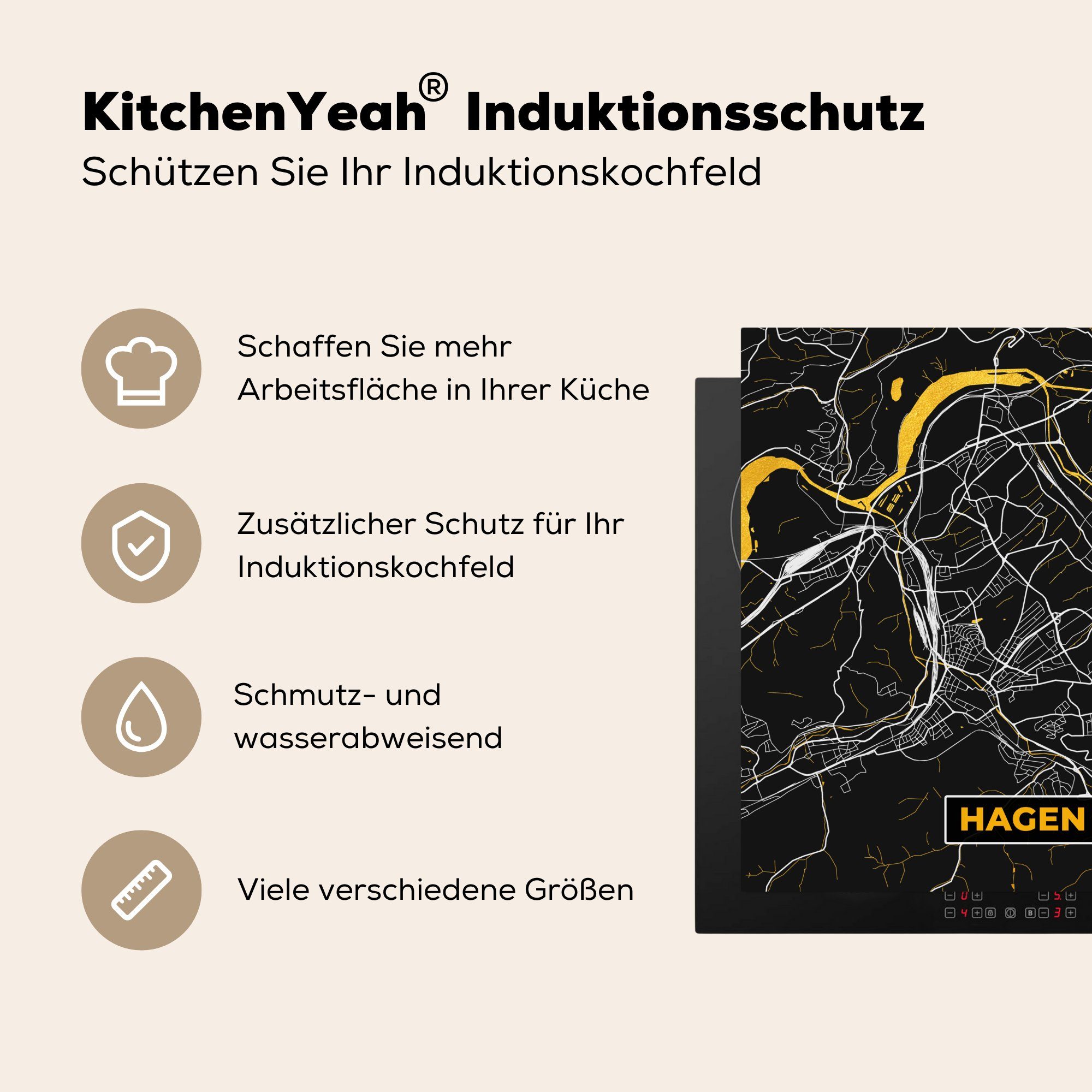 Herdblende-/Abdeckplatte Vinyl, küche MuchoWow - cm, - für Hagen Arbeitsplatte Gold Stadtplan tlg), - 78x78 - (1 Karte, Ceranfeldabdeckung, Deutschland
