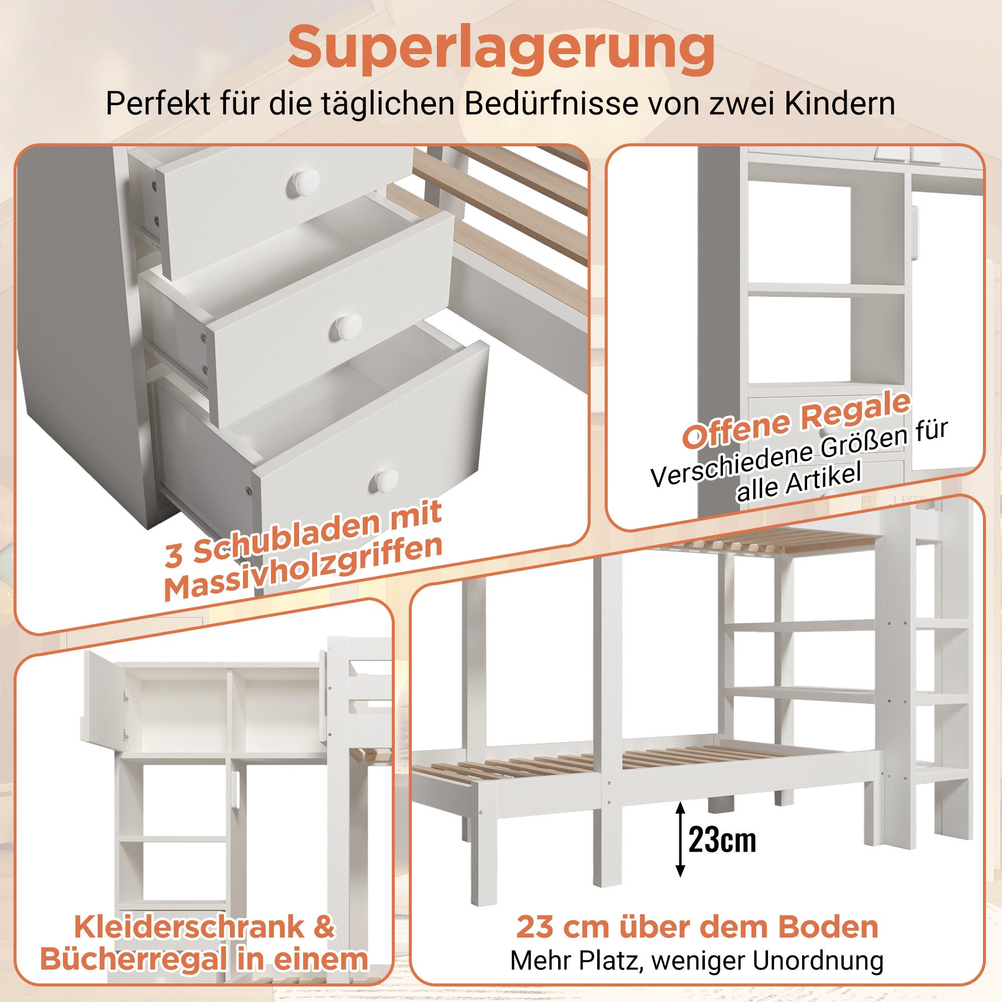 STILVORA Hochbett 90x200 mit Nachtlicht,Jugendbett Kinderbett mit Schrank®al,Weiß (Etagenbett, Doppelbett, Kinderbett, 1-St., 90x200 cm, Matratze nicht dabei) mit Schrank, Regal und Schubladen