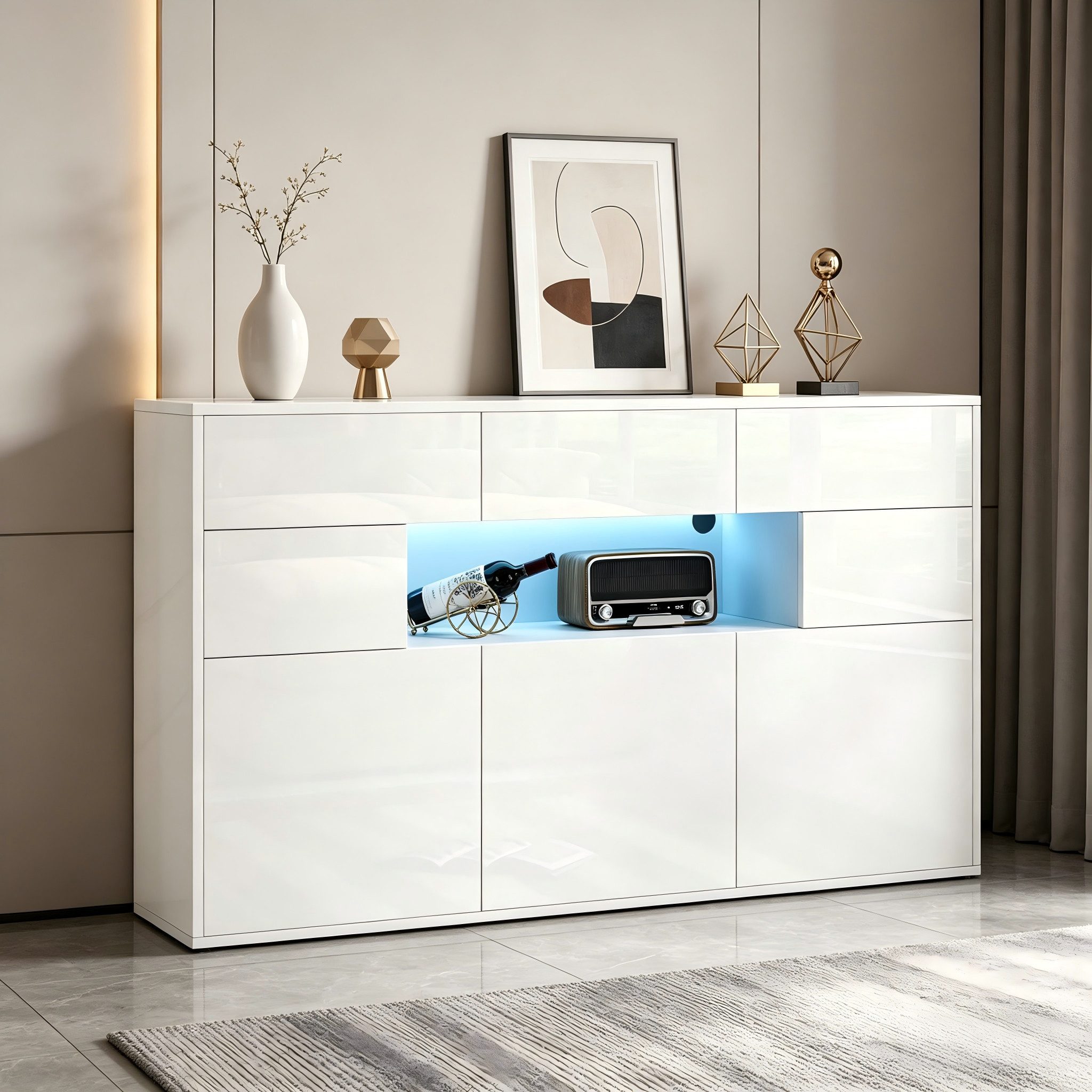 Merax Sideboard Hochglanz Buffetschrank mit LED-Beleuchtung (modernes Design für Wohnzimmer, 1 St., 140×30×94 cm), Anrichte Kommode mit 3 Schubladen & 5 Schränken & Stauraum