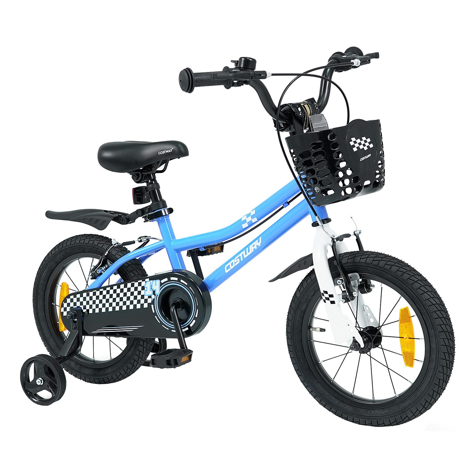 COSTWAY Kinderfahrrad, Mit Korb, Klingel, Schutzblech & Stützrädern