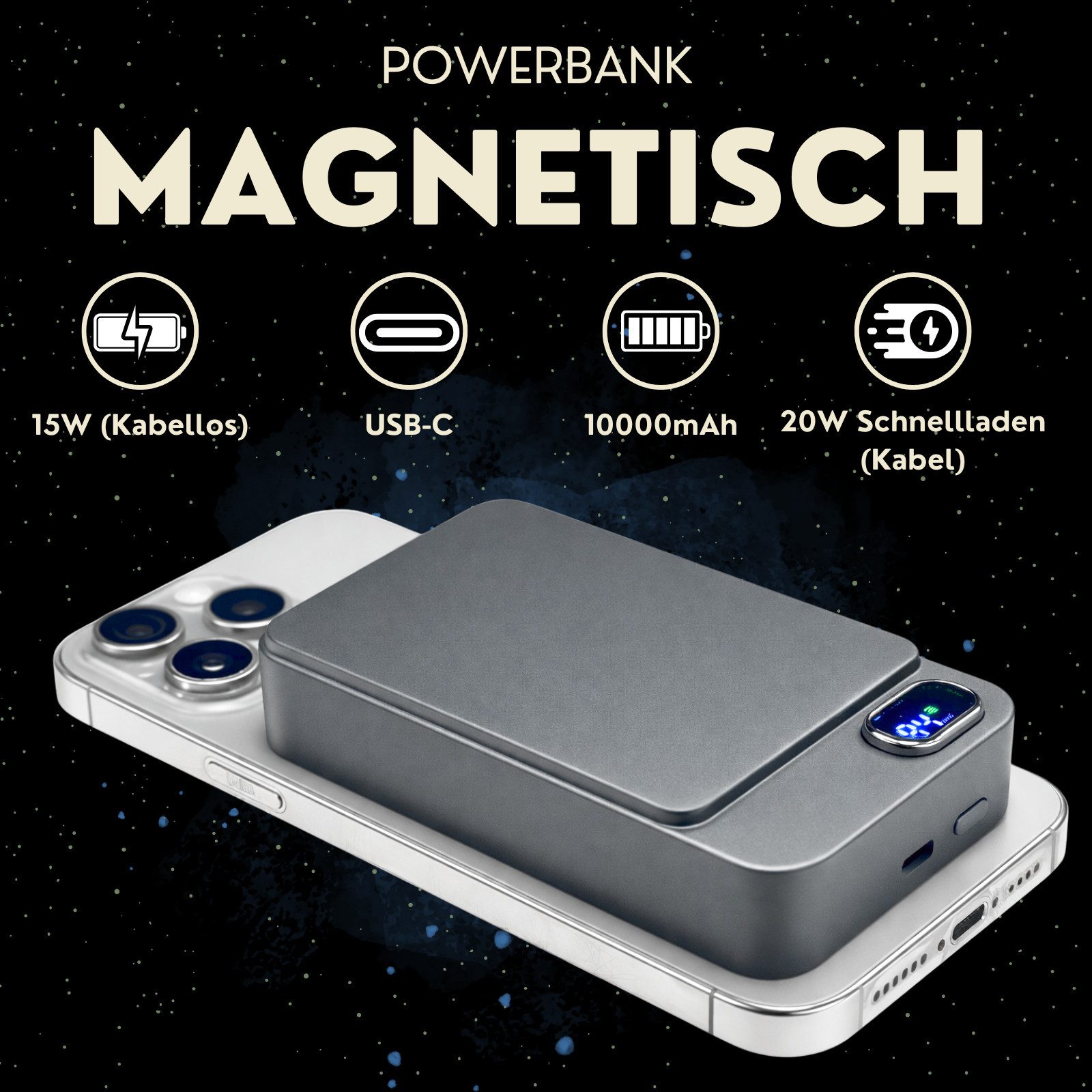 S&T Design Magnetisch Powerbank Magsafe kompatibel Kabellos Display Powerbank Magnetische Powerbank 20W 10000 mAh (5 V), PB Externer Akku Wireless LED Statusanz – Bild 2 von 5