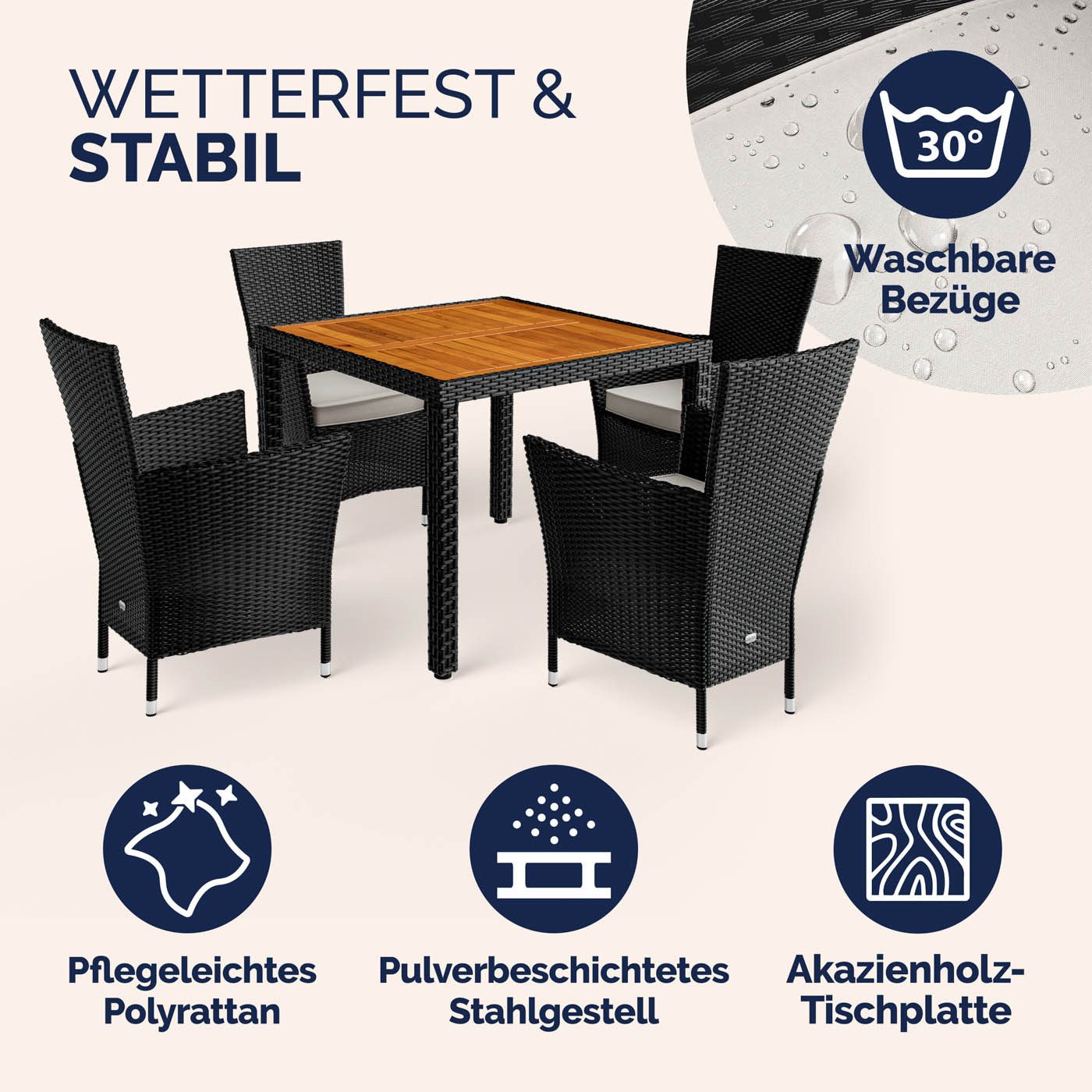 Casaria Garten-Essgruppe, (5-tlg), Polyrattan 4 Personen Auflagen Stühle Stapelbar Akazie Holz Wetterfest