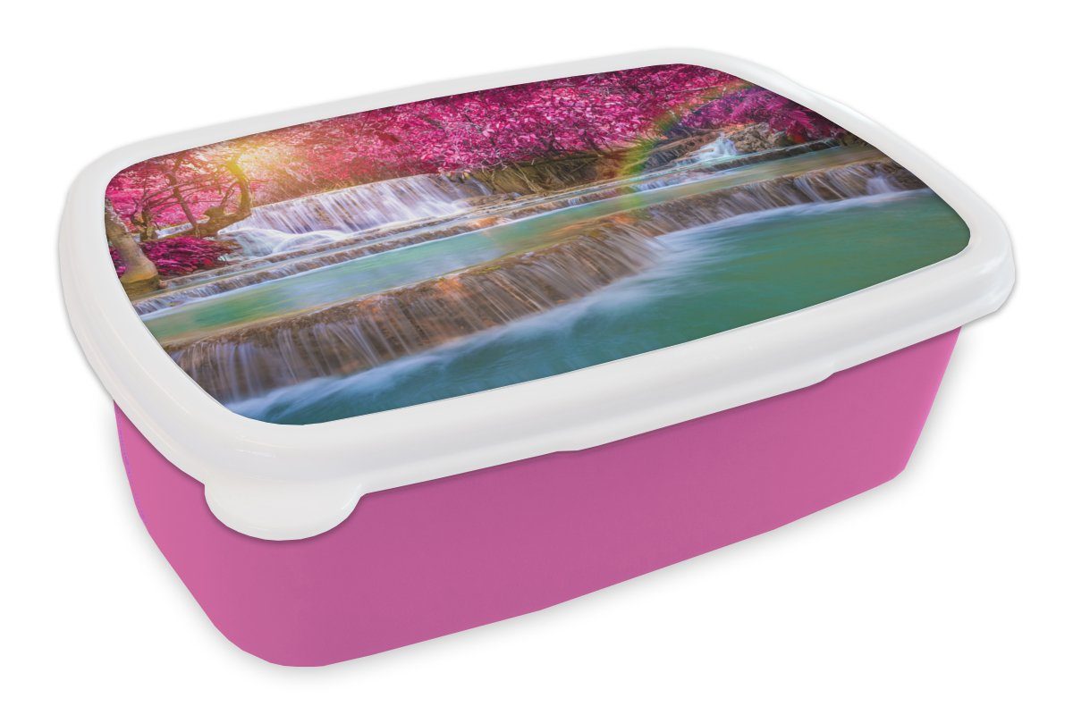 MuchoWow Lunchbox Wasserfall - Regenbogen - Bäume - Rosa - Natur, Kunststoff, (2-tlg), Brotbox für Erwachsene, Brotdose Kinder, Snackbox, Mädchen, Kunststoff