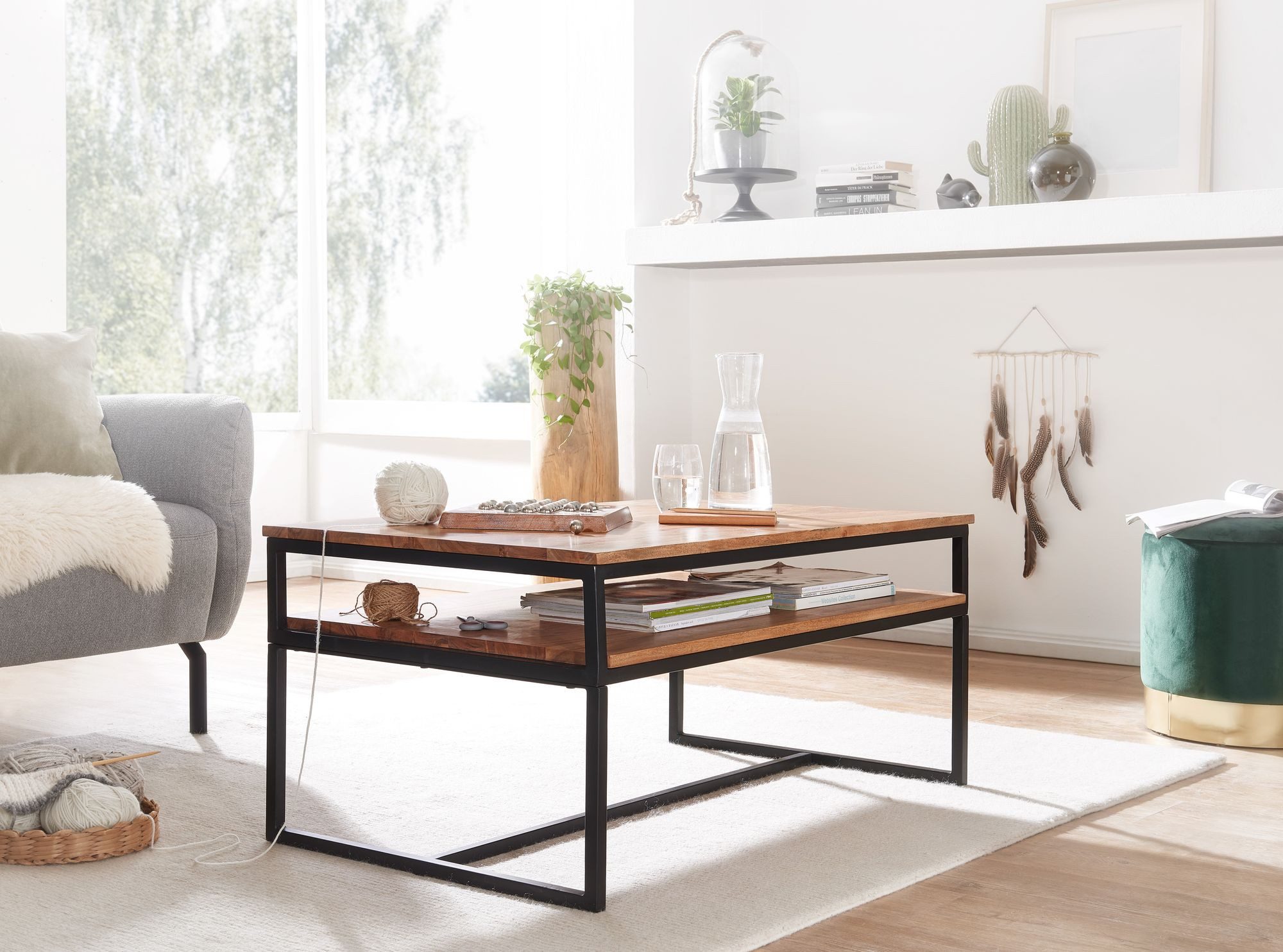 FINEBUY Couchtisch FB67631 Akazie Massiv 100cm rechteckig Wohnzimmertisch Loft Design (Wohnzimmertisch Rechteckig, Kaffeetisch Stauraum), 100x60x45 cm Akazie Massivholz / Metall, Sofatisch