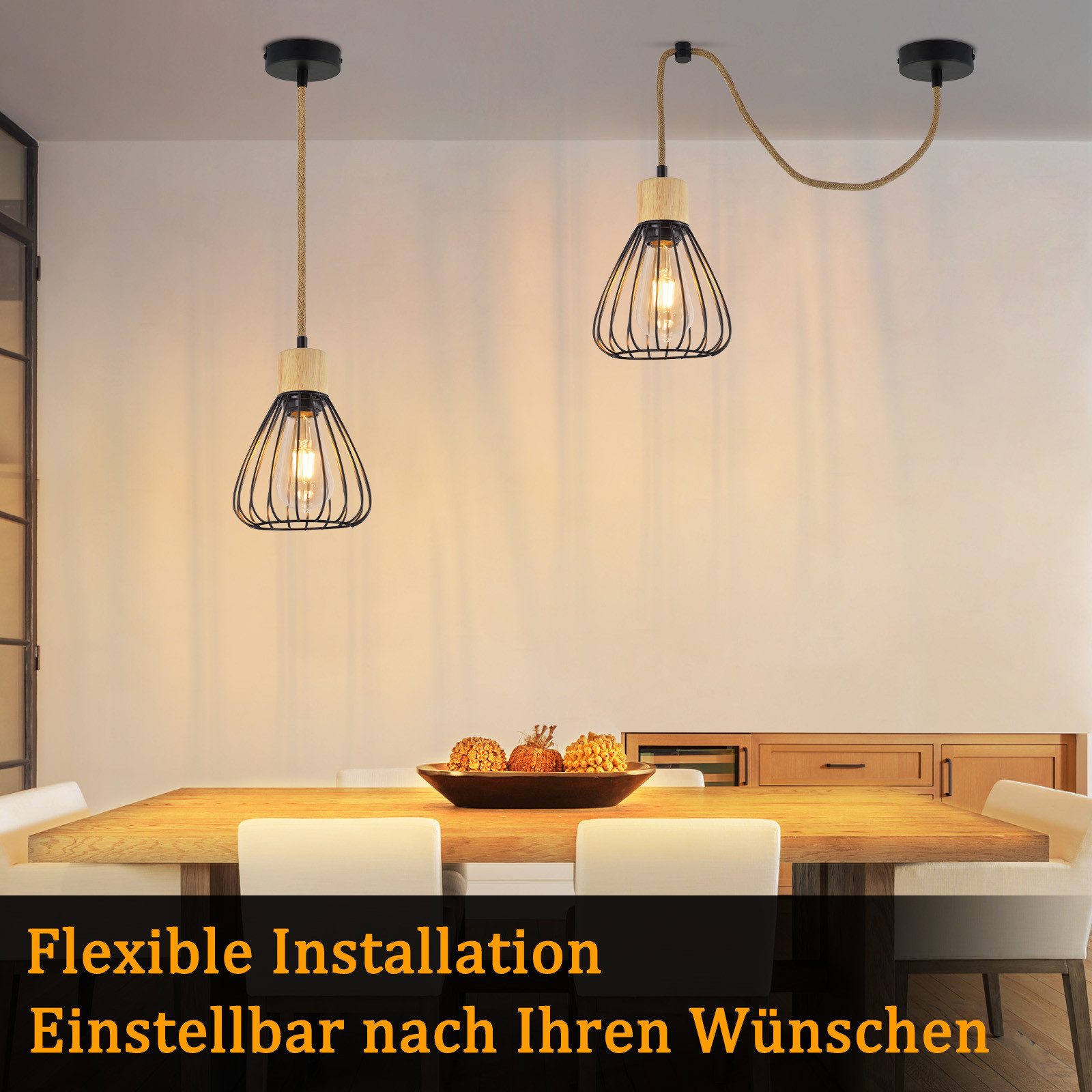Nettlife Hängeleuchte Pendelleuchte Esszimmer Vintage Schwarz Metall Holz E27 Hanfseil, LED wechselbar, Industrial Esstisch Pendellampe für Wohnzimmer