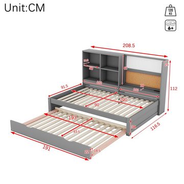Ulife Kinderbett Schlafsofa mit ausziehbarem Bett,usb-Ladeanschluss, Zeichenbrett, mehrere Staufächer, 90*200cm
