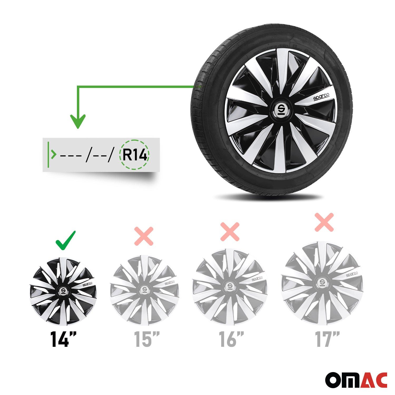 OMAC Radkappen Sparco 14 Zoll Roma Silber Grau 4tlg, (4-St) Einfache Installation, Haltbar