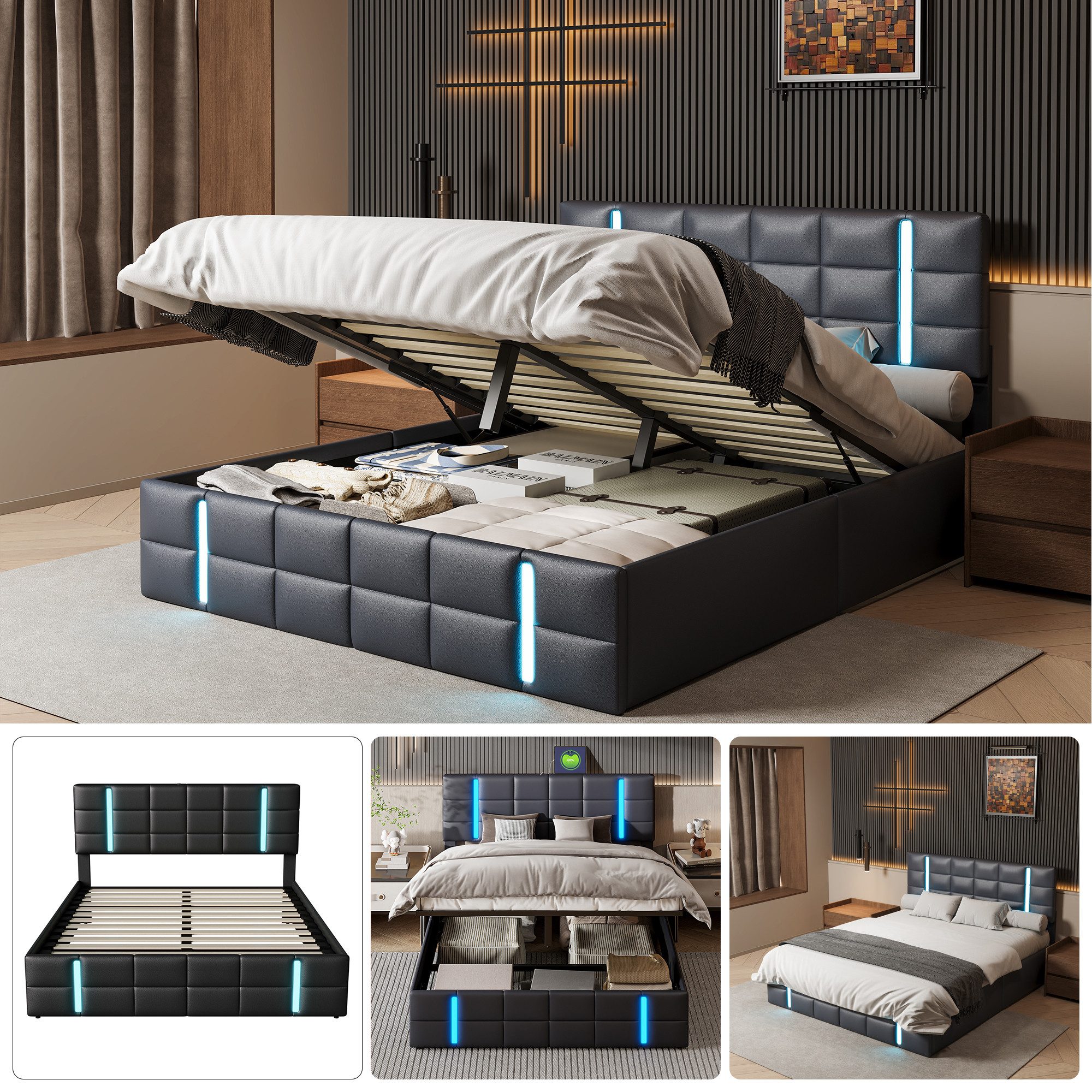 PXloue Polsterbett Stauraumbett Doppelbett (Inklusive USB-Typ-C-Ladeanschlu günstig online kaufen