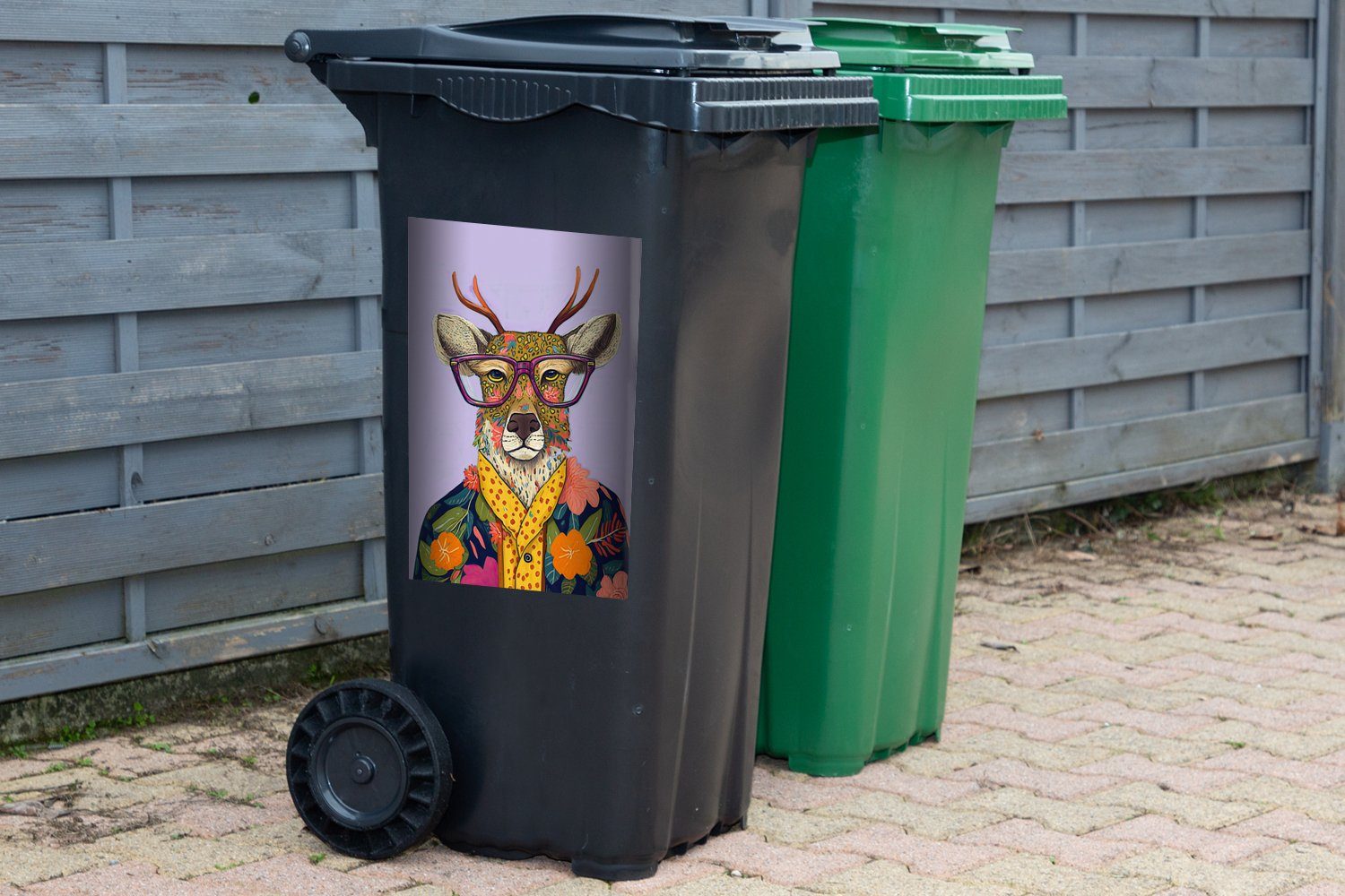 MuchoWow Wandsticker St), Mülltonne, Sticker, (1 Container, - Mülleimer-aufkleber, - Abfalbehälter Tiere Hirsche - Hippie Blumen