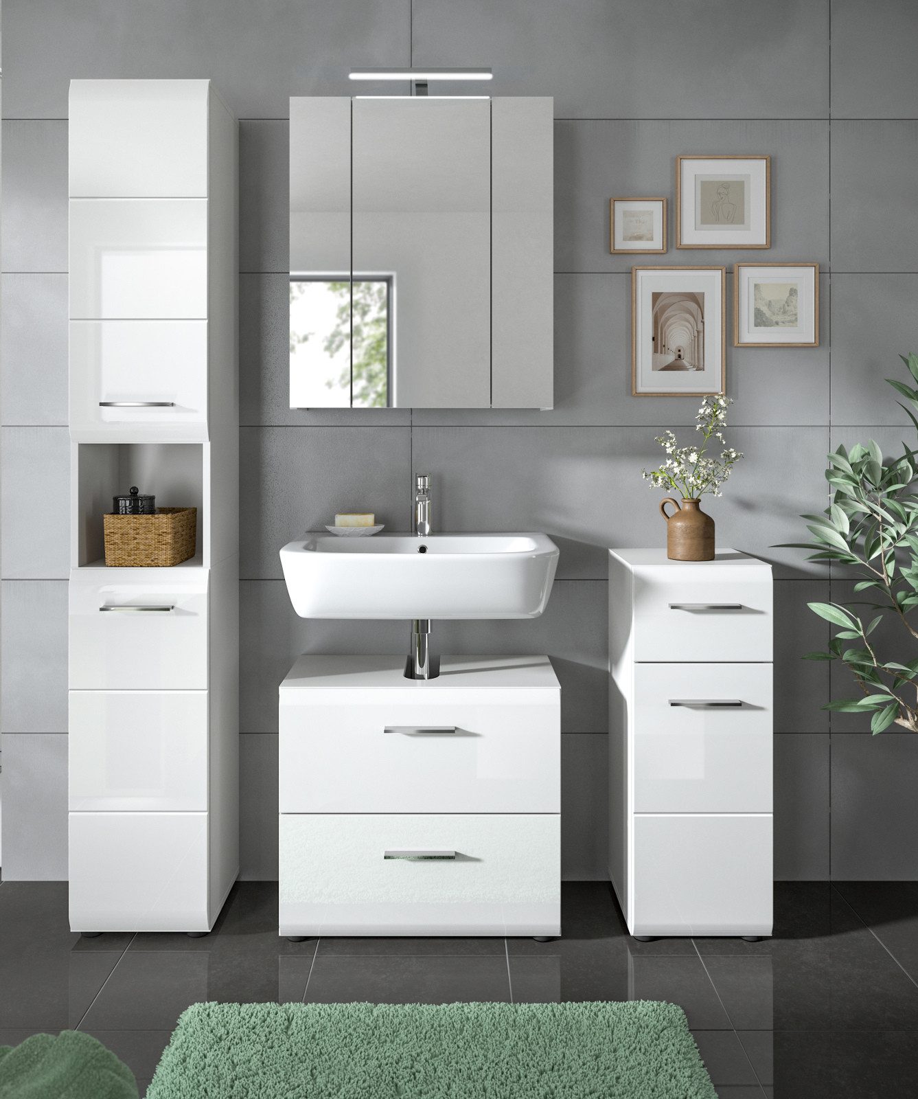 Inn.Furn Badmöbel-Set Cover, (Spar-Set 4-teilig in weiß Hochglanz, ca. 150 x 185 cm), 19 Fächer und 3 Vollauszug-Schubkästen