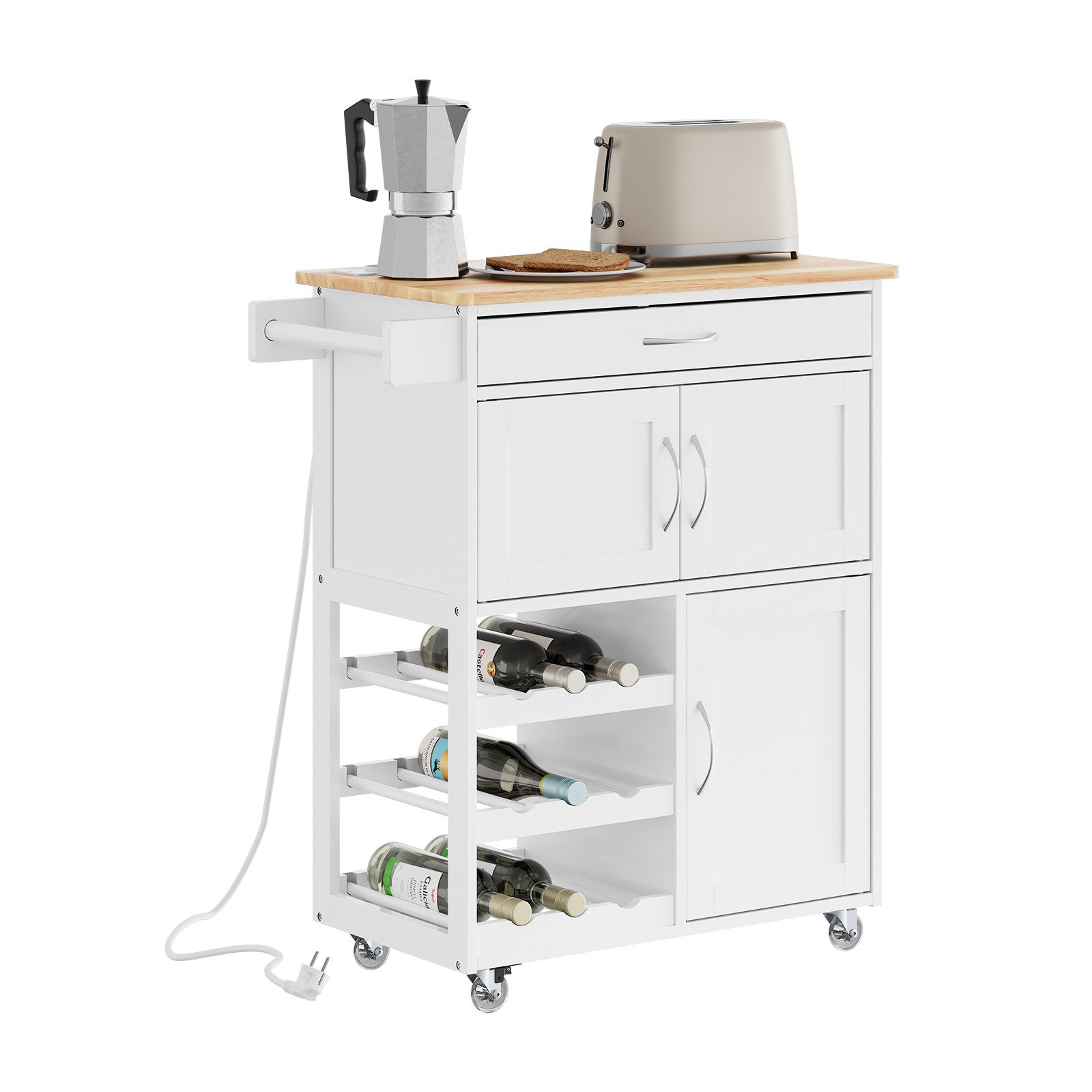 SoBuy Küchenwagen FKW45-E, Küchenwagen mit Steckdose, Servierwagen mit Weinregal, Kücheninsel mit Rollen und Arbeitsplatte, Küchenwagen für Kaffee-Ecke