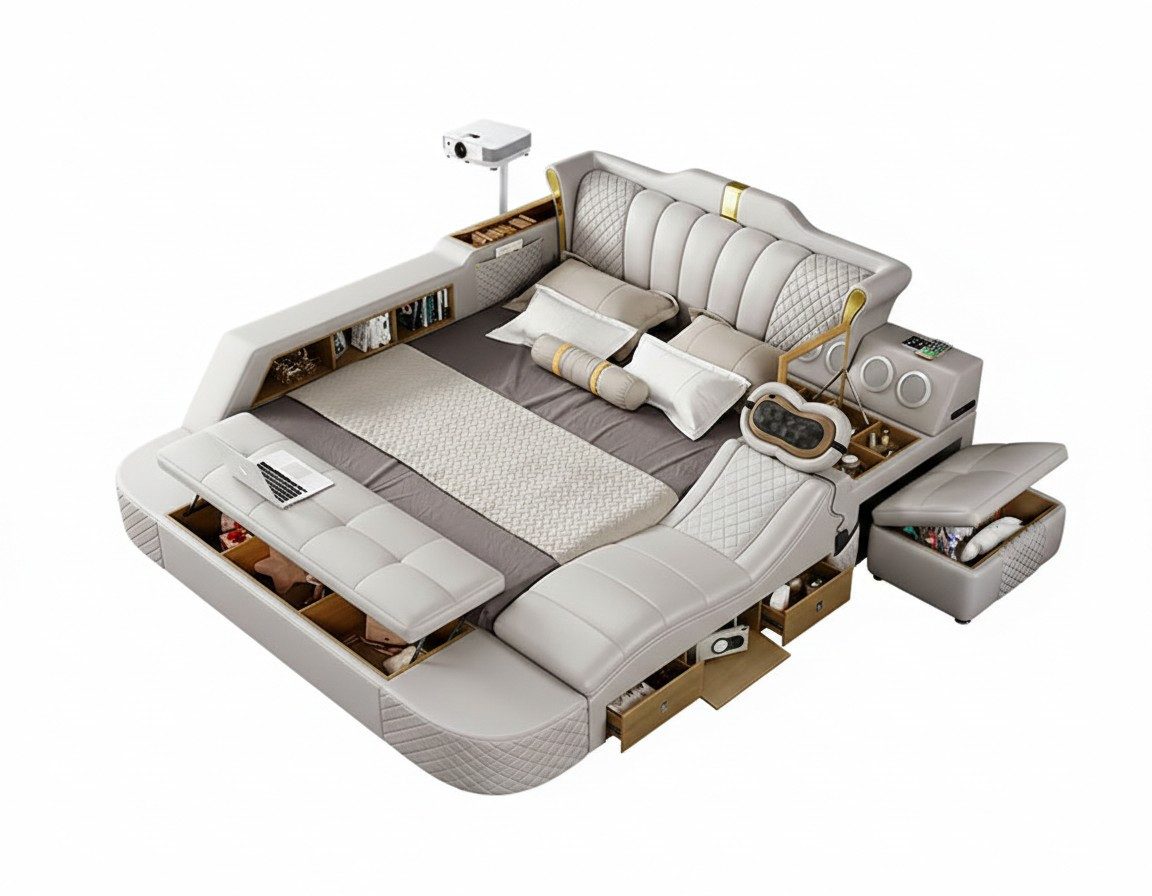 Xlmoebel Multimediabett Beigefarbenes Multifunktionsbett im modernen Holzdesign (2-tlg), Made in Europa
