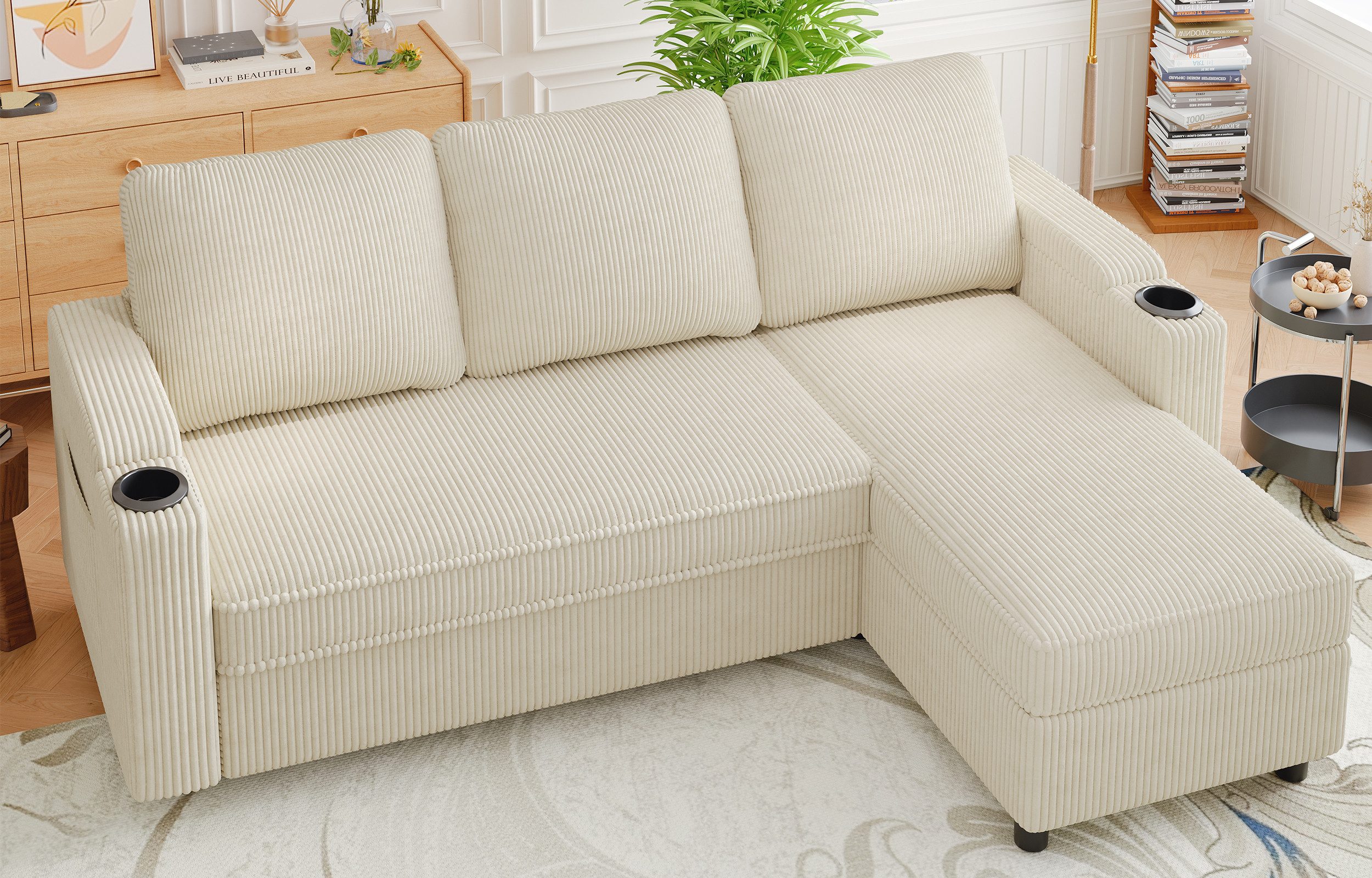 HOMALL Ecksofa Multifunktionaler Stauraum Ausziehbares L-förmiges Schlafsofa, Integrierter spritzwassergeschützter Getränkehalter, Seitentaschen, internes Staufach