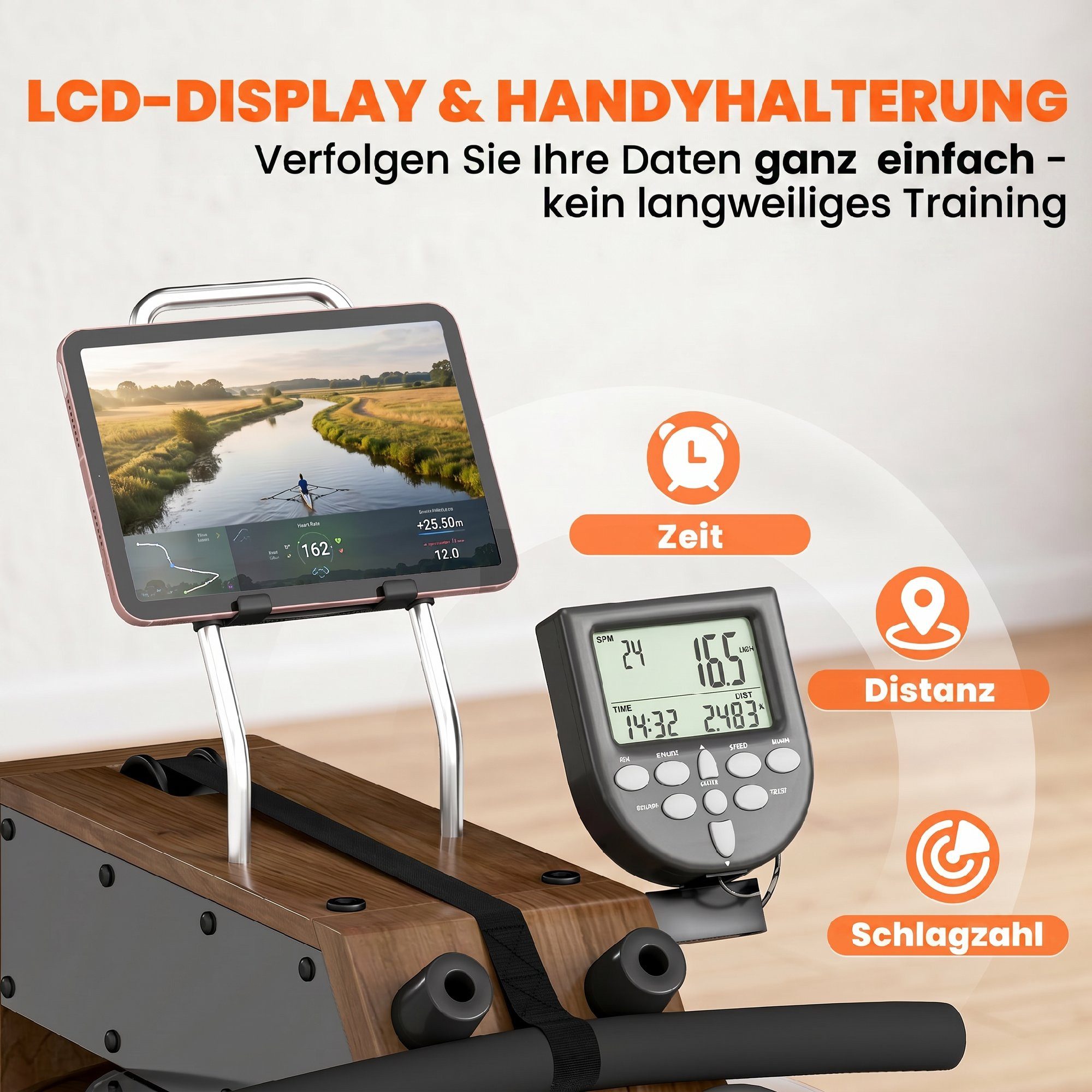 kowdom Rudergerät Wasser Rudergerät klappbar, Bluetooth APP, 158 kg, Gummiholz (Rudergerät, Einzelgerät mit Batterien und Montagematerial), Wasser Rudergerät, Bluetooth APP, 158 kg Belastbarkeit, klappbar