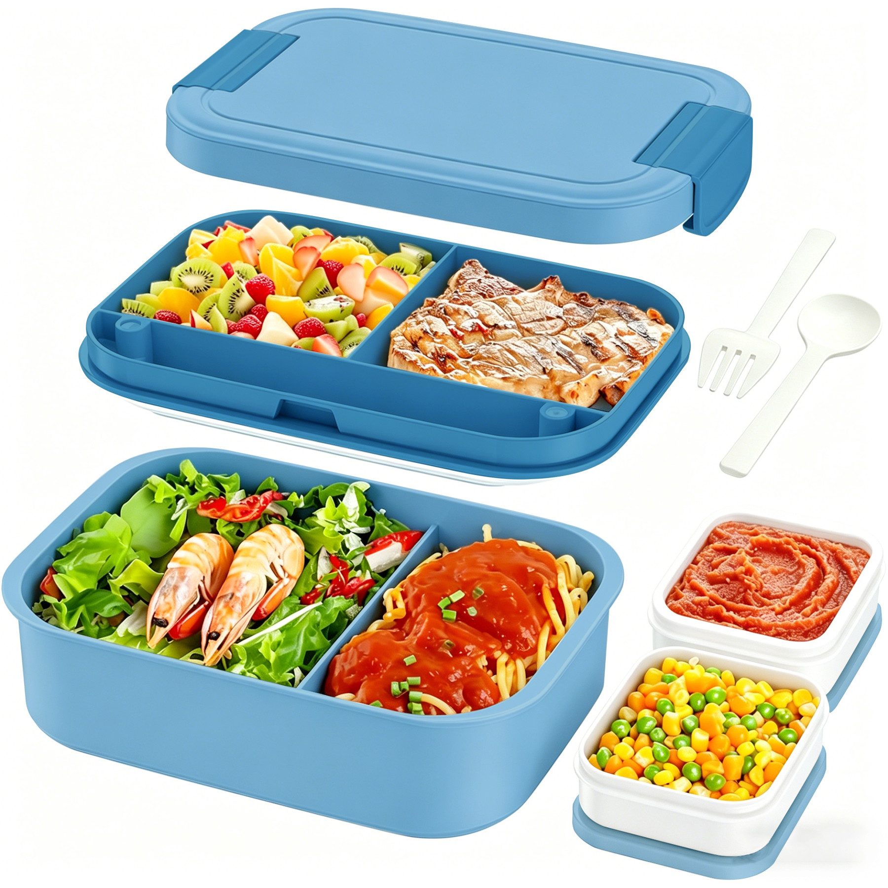 Mutig Lunchbox Brotdose für Kinder und Erwachsene Mit Fächern, 1960 ML Mittagessenbox, (Auslaufsicher Lunchbox, Bento Box Mit Besteck und Saucenbox, Bento Box, 4 Schichten Reisen Brotzeitbox with Cutlery), für Schule,Picknick&Unterweg,Arbeit,Reisen,Als Frühstücksbox Jausenbox