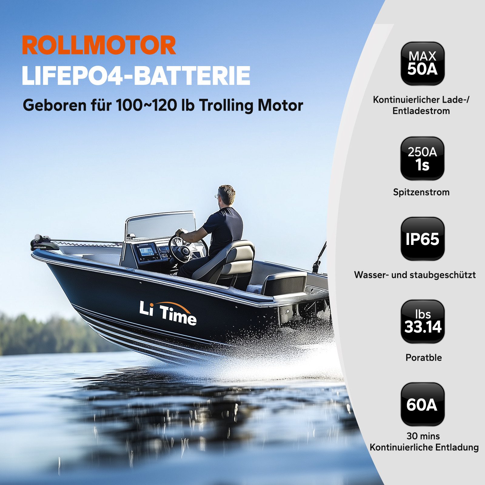 LiTime 36V 50Ah TM LiFePO4 Batterie Gruppe 31 mit Bluetooth 1920Wh Solarakkus (36 V), PV Stromspeicher für Boote mit Elektromotor, Trolling Motoren