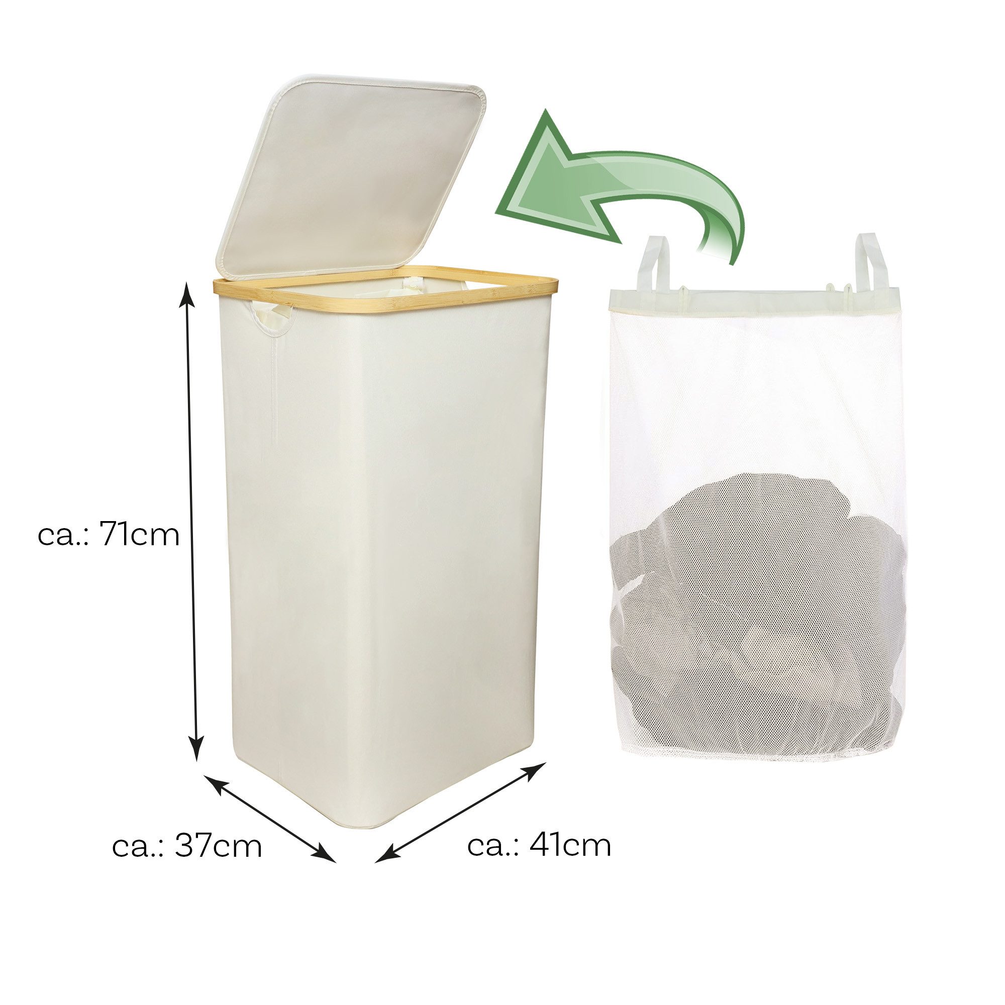 Bestlivings Wäschekorb mit Bambusrahmen inkl. herausnehmbarer Tasche, 100L, 41x37x71cm, seitliche Griffe, Wäschebox, faltbar, hygienisch