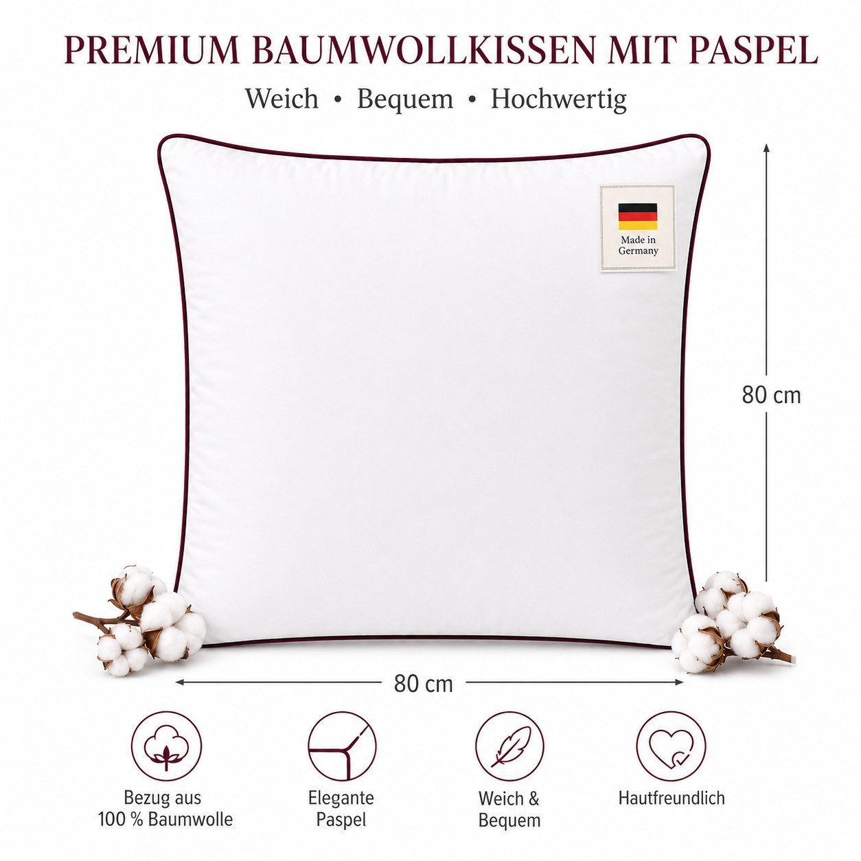 NEXGEN Luxus Baumwollkissen Baumwollkissen mit Biese, Hotelqualität, hergestellt in Deutschland, Füllung: Premium-Füllwatte, Bezug: Baumwolle, Seitenschläfer, Bauchschläfer, Rückenschläfer, Hergestellt in Deutschland, Deluxe Komfort
