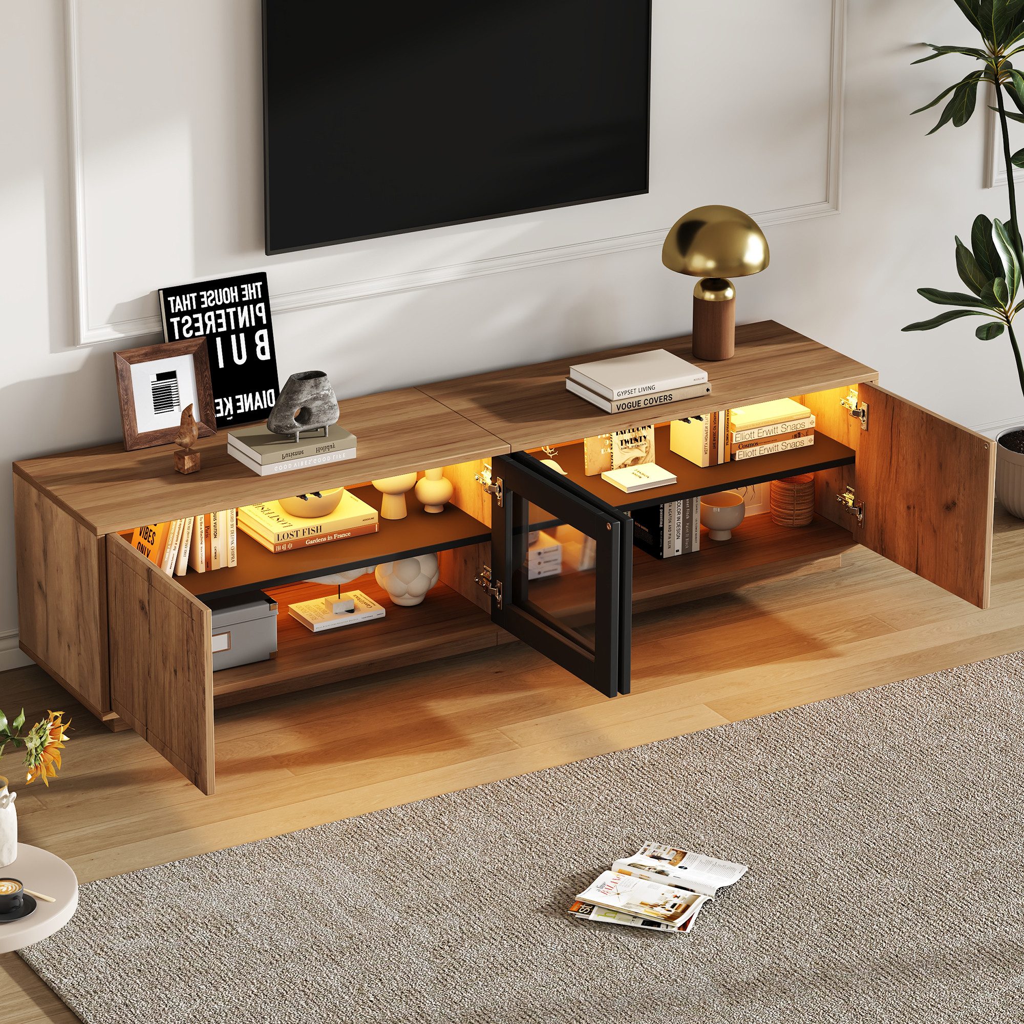 MODFU Lowboard Fernsehschrank 180x45x40 cm mit LED und 4 Türen, Naturholz/S günstig online kaufen