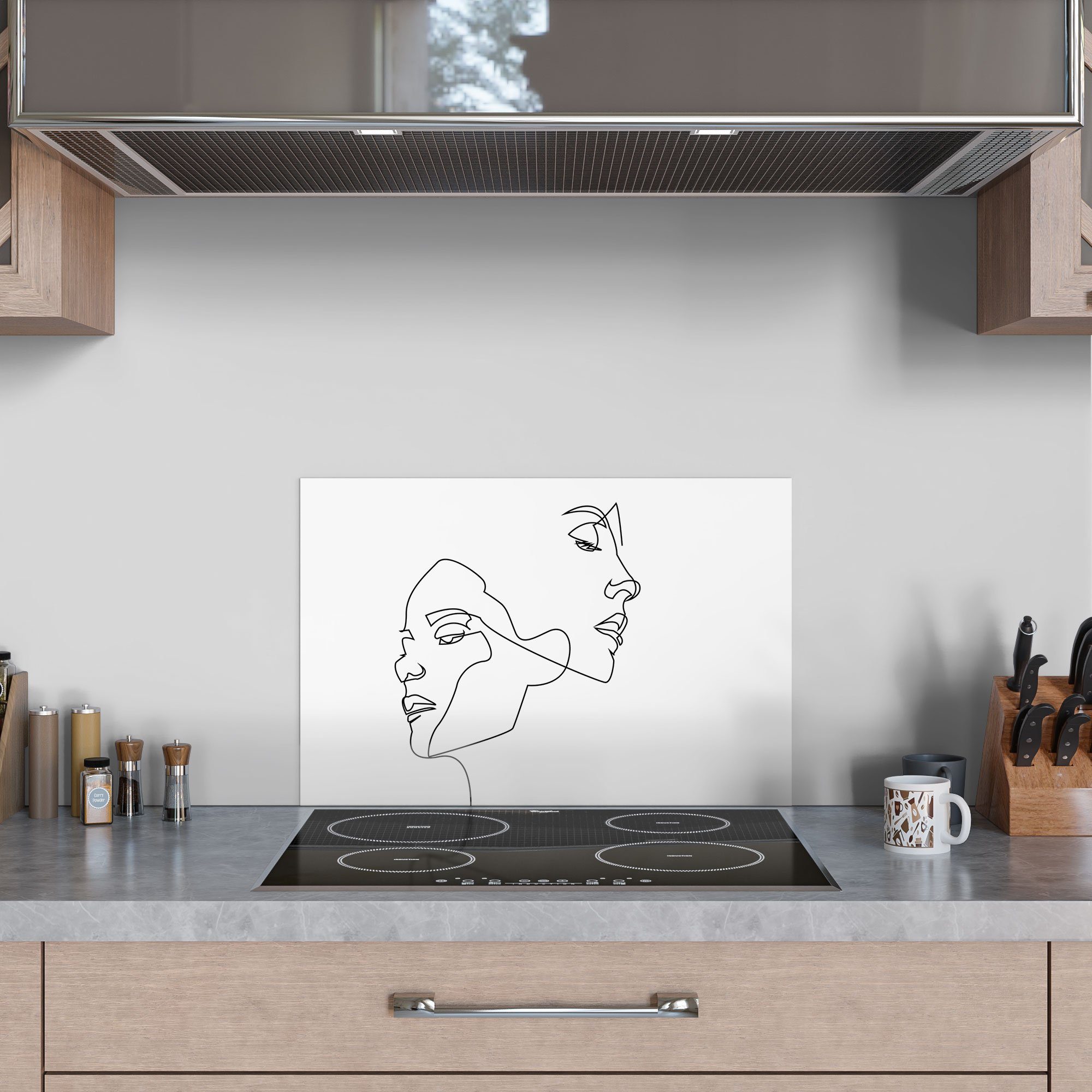 DEQORI Küchenrückwand 'Verbundene Gesichter', Glas Herdblende Spritzschutz Badrückwand