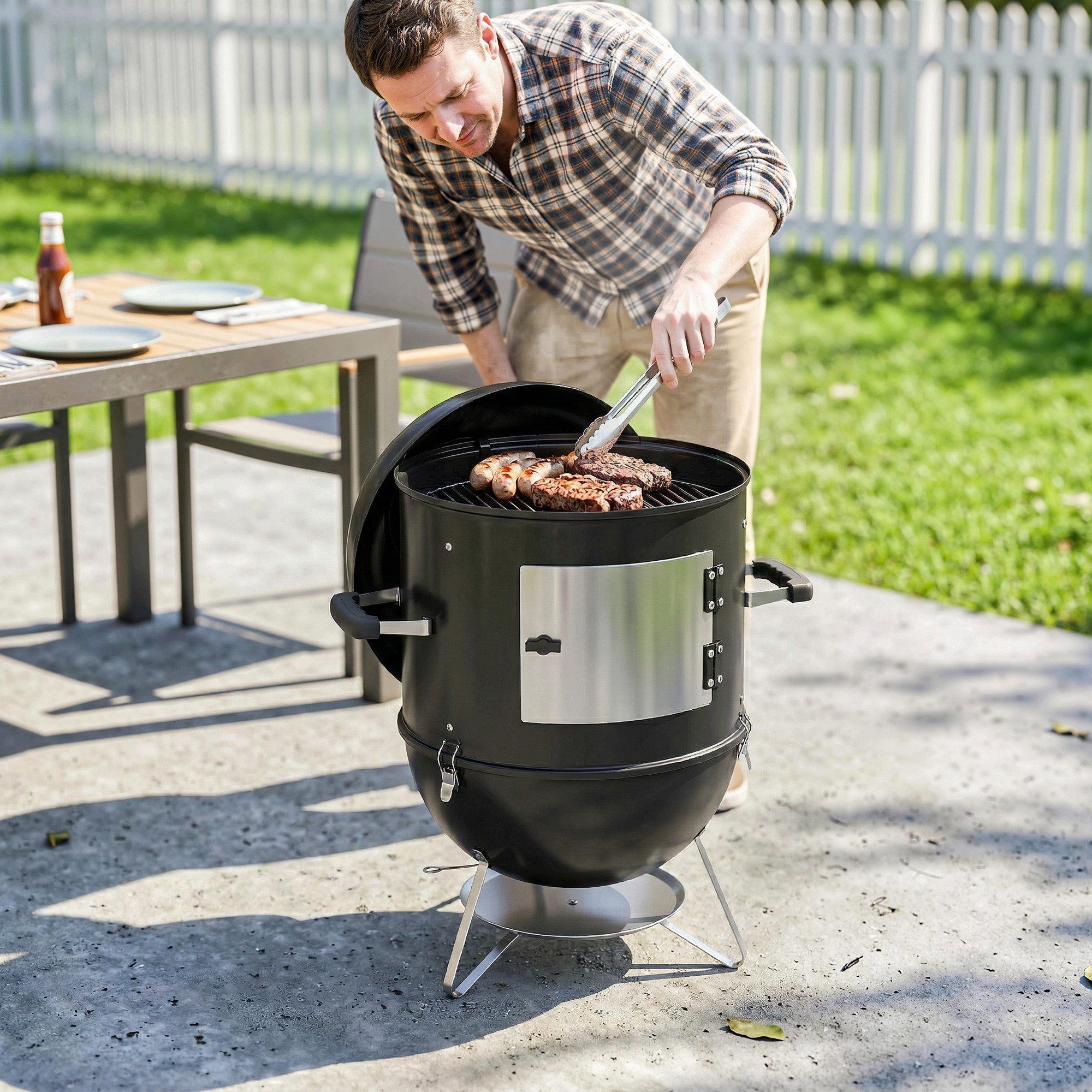 MC Star Holzkohlegrill 3-in-1-Smoker mit 3 Grillrosten, integriertem Thermometer, einstellbarer Belüftung, 62,5 x 47,5 x 91 cm, Schwarz