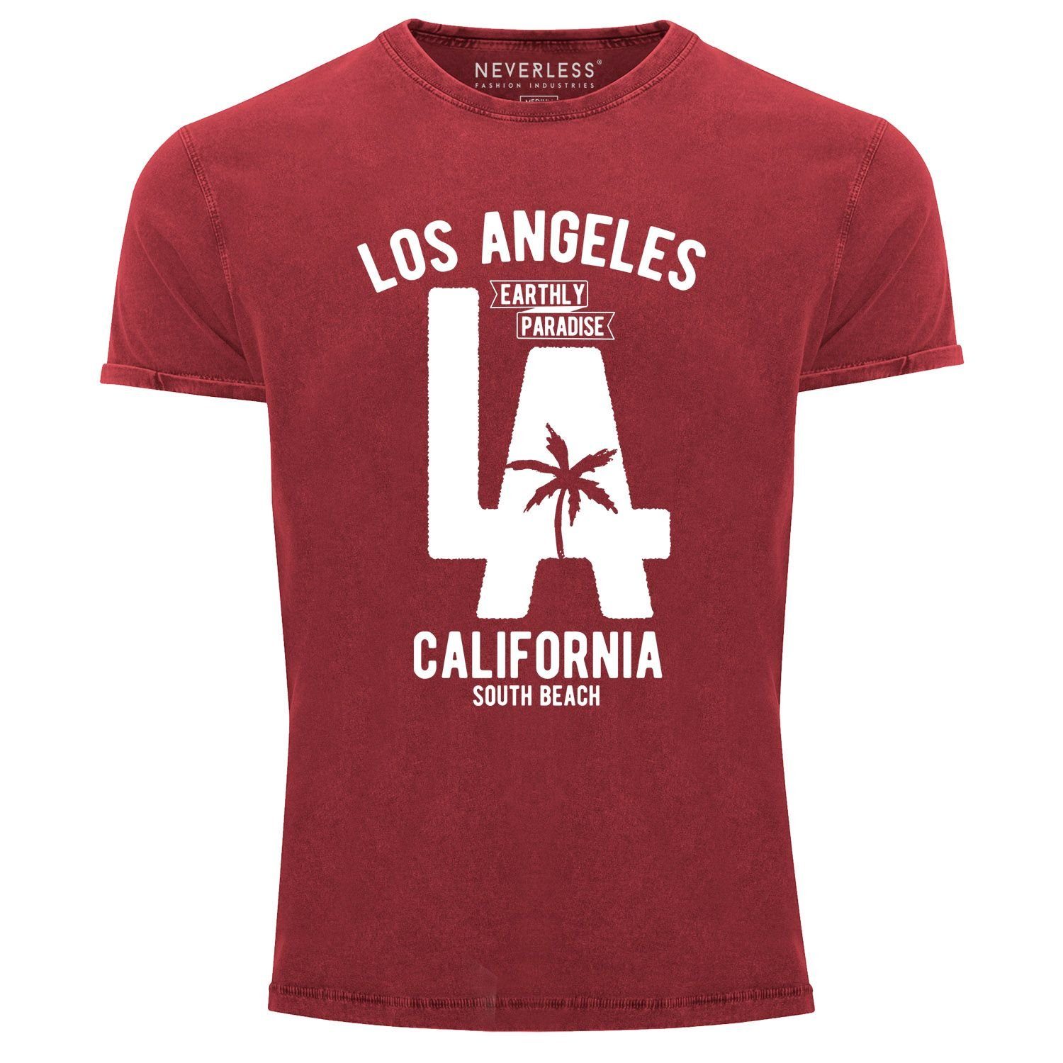 Neverless Print-Shirt Cooles Angesagtes Herren T-Shirt Vintage Shirt LA Los Angeles California Aufdruck Used Look Slim Fit Neverless® mit Print rot