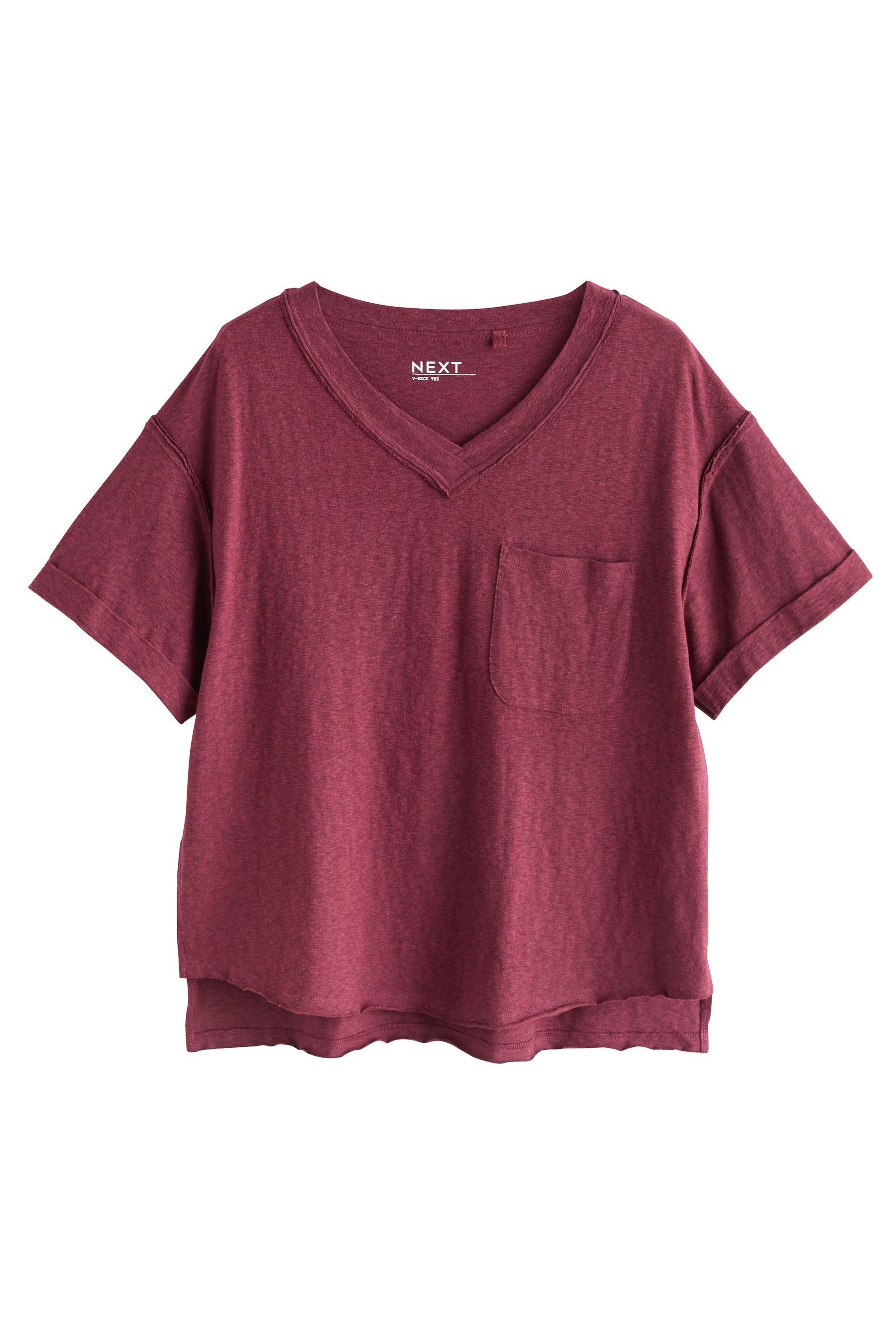V-Shirt Kurzarm-T-Shirt mit V-Ausschnitt und Leinenoptik