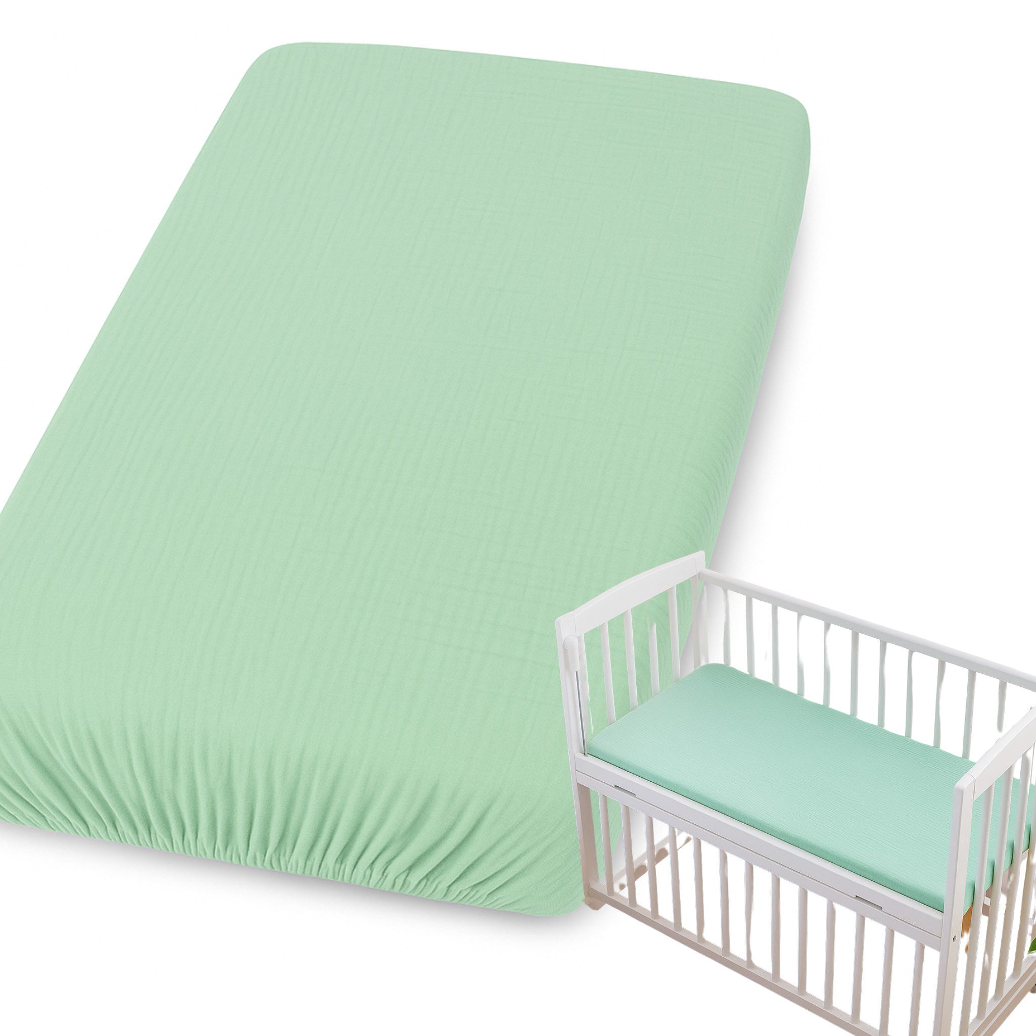 BabyLux Spannbettlaken für Beistellbett 50x90 cm Musselin Bettlaken mit Gummizug, Gummizug: Ja, 50x90_Musselin_Grün