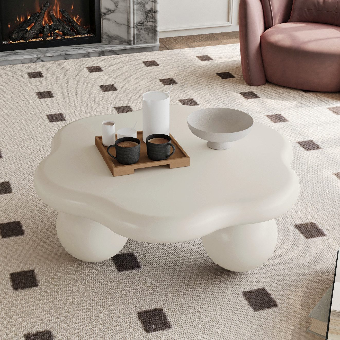 Odikalo Couchtisch Beistelltisch Wohnzimmertisch mit Speicherfunktion (Cremefarbener wolkenförmiger Couchtisch moderner minimalistischer Couchtisch in Blütenblattform mit kugelförmigen Beinen cremeweiß kinder-und haustierfreundlich platzsparender Wohnzimmertisch für kleine Wohnungen 80 cm)