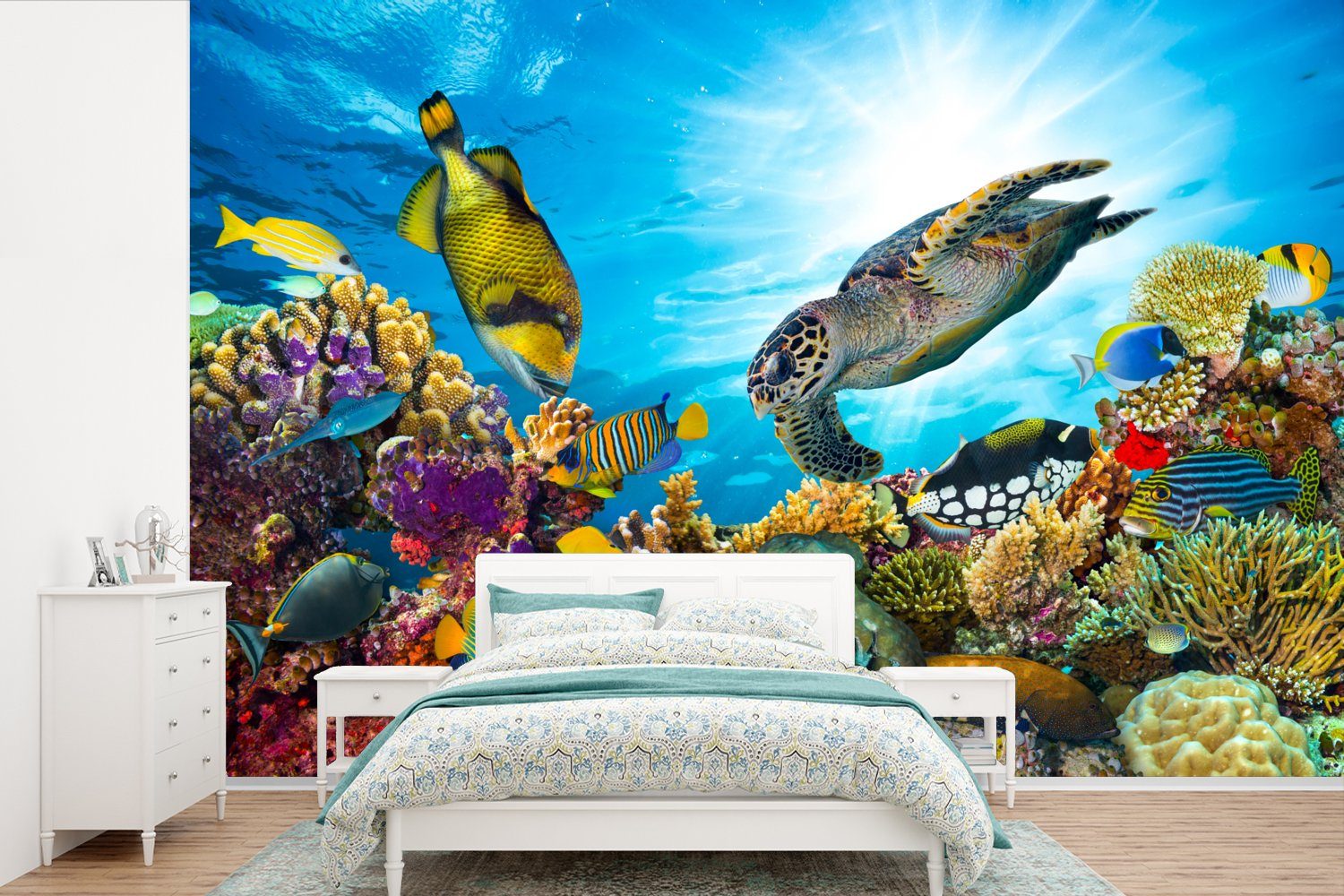 MuchoWow Fototapete Schildkröte - Meer - Koralle, Matt, bedruckt, (6 St), Wallpaper für Wohnzimmer, Schlafzimmer, Kinderzimmer, Vinyl Tapete
