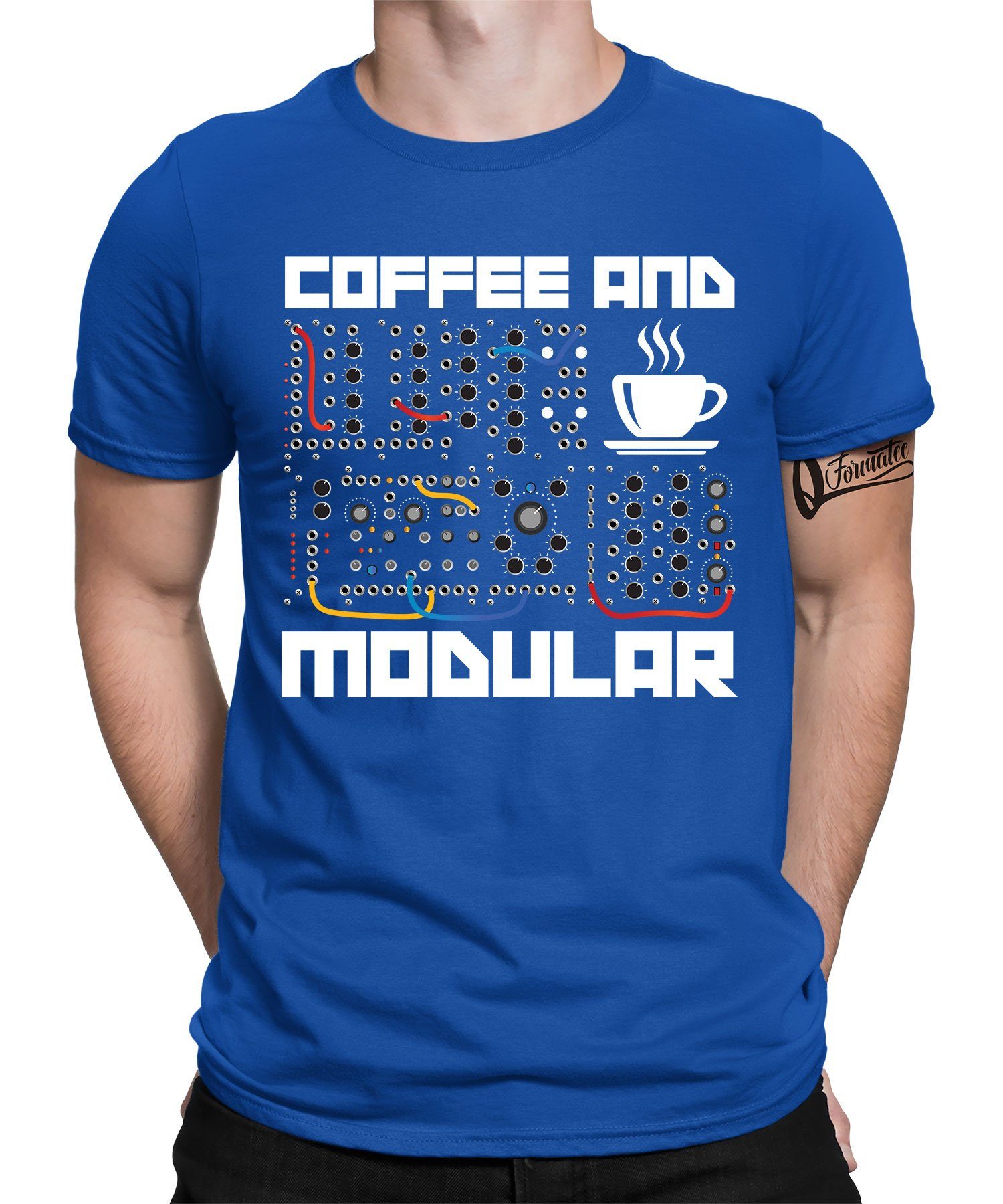 Modular Formatee Synthesizer Kurzarmshirt and Elektronische - Musiker Quattro (1-tlg) Coffee Herren Blau T-Shirt