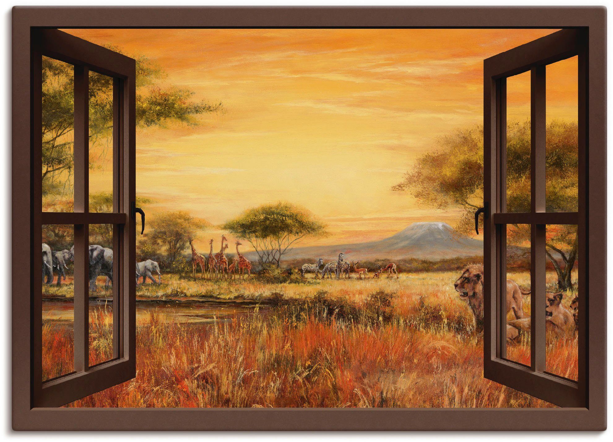 Artland Leinwandbild Fensterblick Afrikanische Steppe Löwen, Fensterblick (1 St), auf Holzrahmen gespannt
