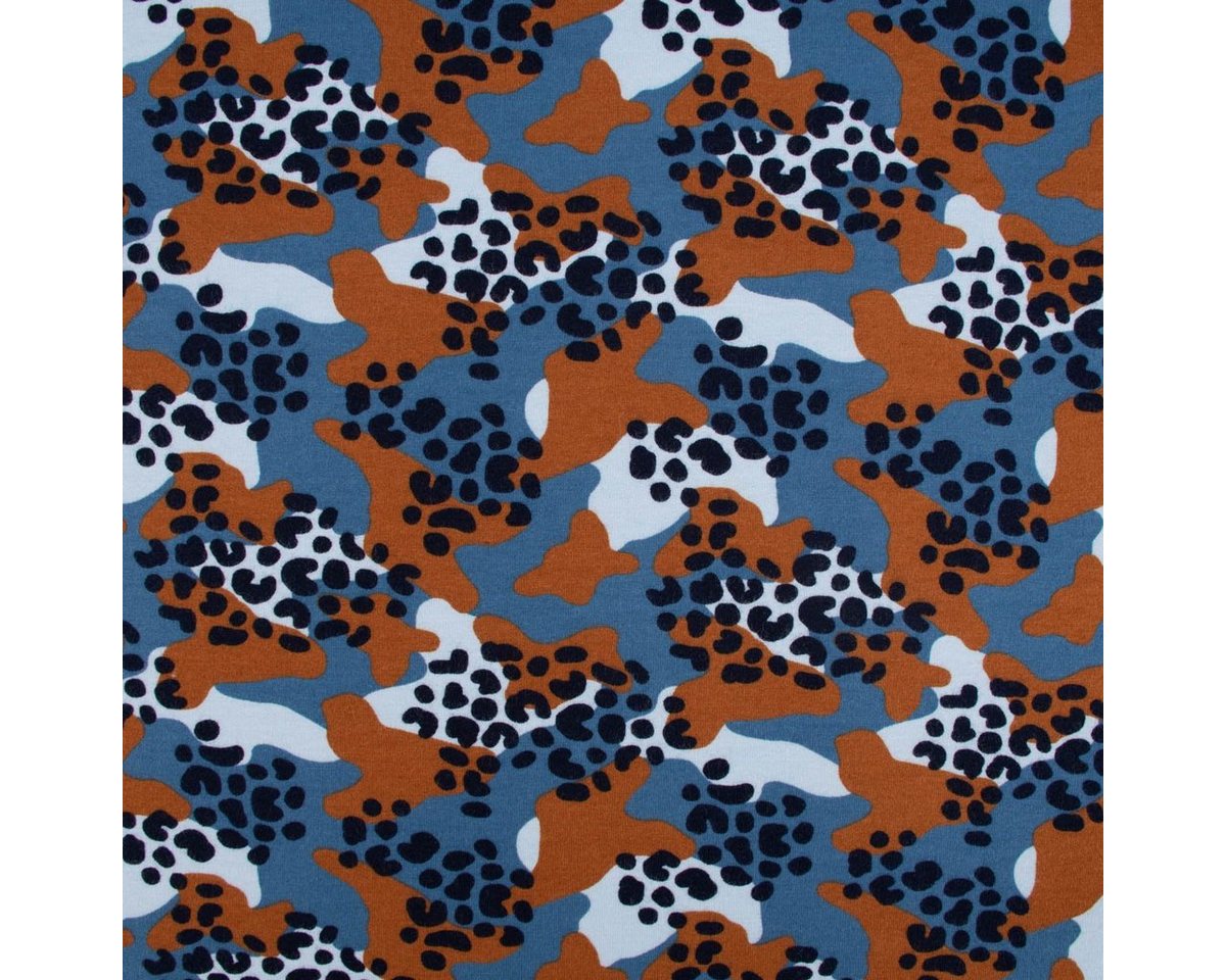 Thumbnail - SCHÖNER LEBEN. Stoff Sweatstoff Bio Soft Sweat dünn Camouflage Leo blau braun dunkelblau 1, allergikergeeignet