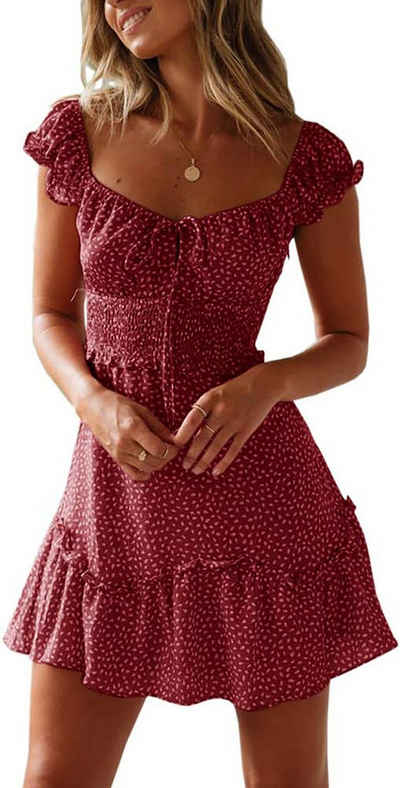 ZWY Dirndlbluse Sommerkleider mit Blumenmuster, gerüschte Kleider Hohe Taille, Vintage Mini Dress, Strandkleider