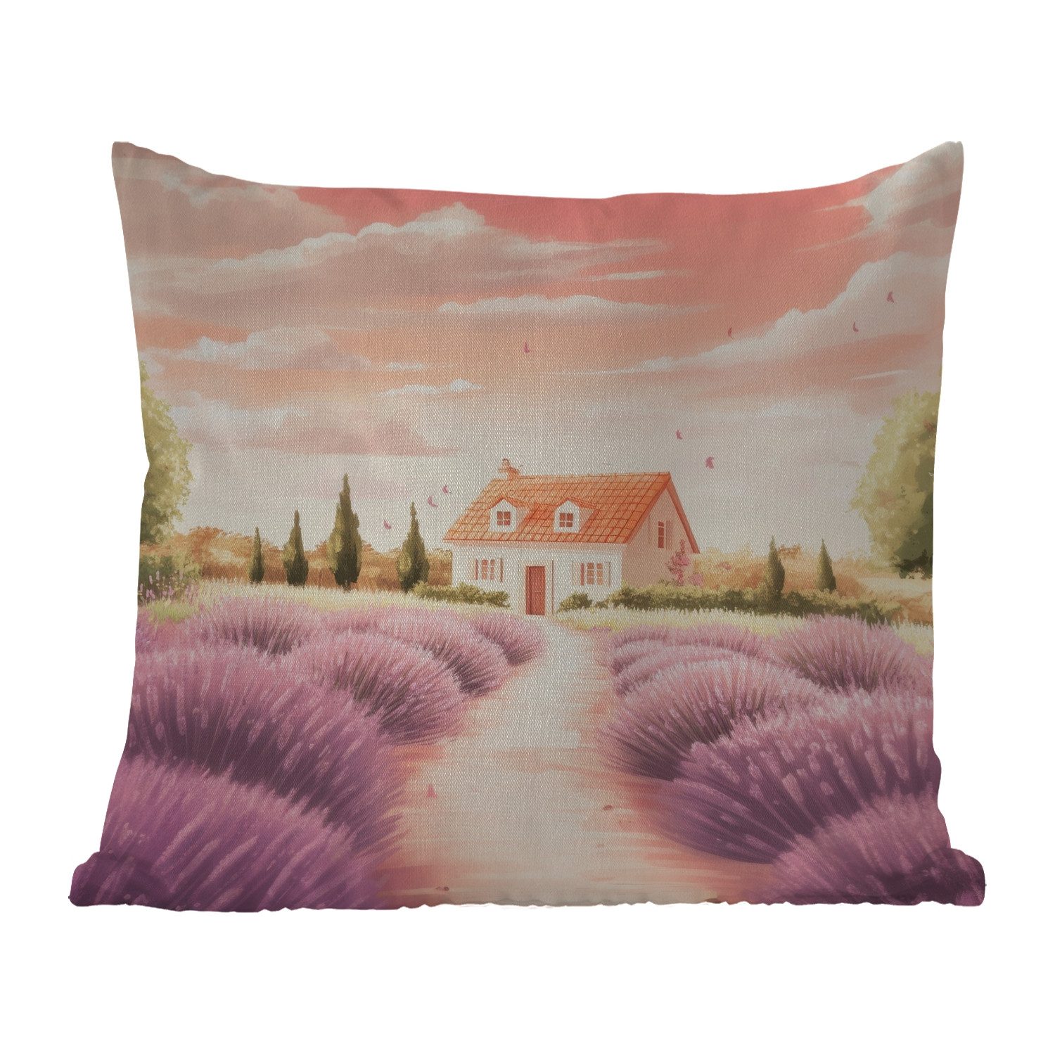 MuchoWow Dekokissen Lavendelfeld - Haus - Lila, Kissenbezüge, Kissenhülle, Kissen, Outdoor, 40x40 cm