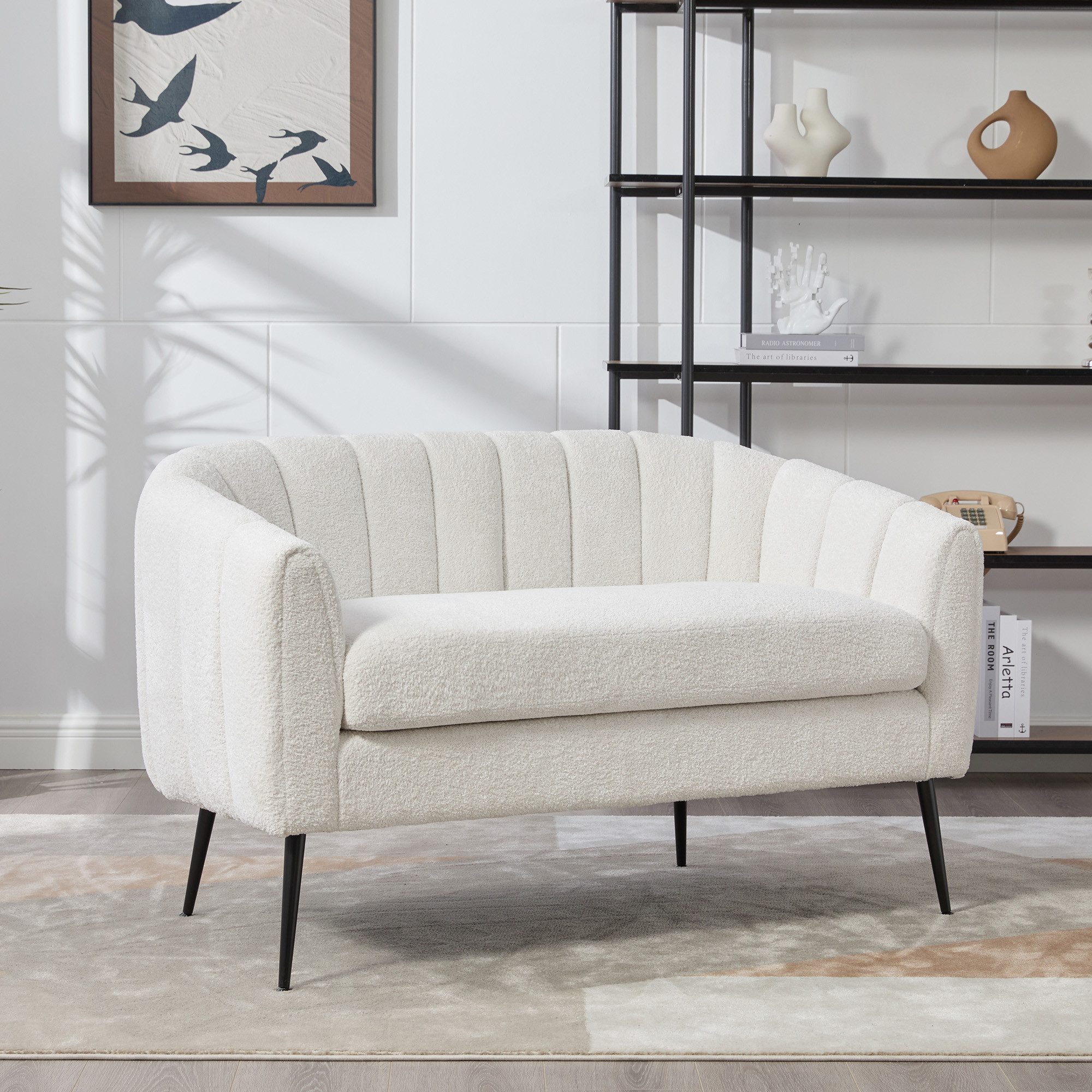 HAUSS SPOLE Loungesessel mit Metallbeinen,Mini-Liegesofa Zweisitzer Rillenpolsterung,Elfenbein (mit vier schwarzen Metallfüßen mit verstellbaren Fußaufsätzen), Polstersofa Akzentsofa mit abnehmbarem Sitzkissen