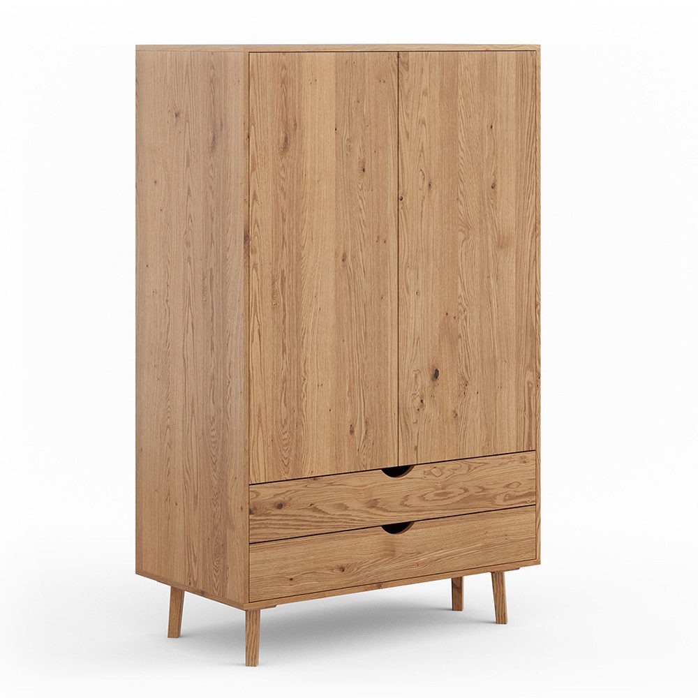 Lomadox Kleiderschrank SIENA-163 Schlafzimmerschrank 110 cm, 2 Drehtüren, 2 Schubladen, Eiche massiv