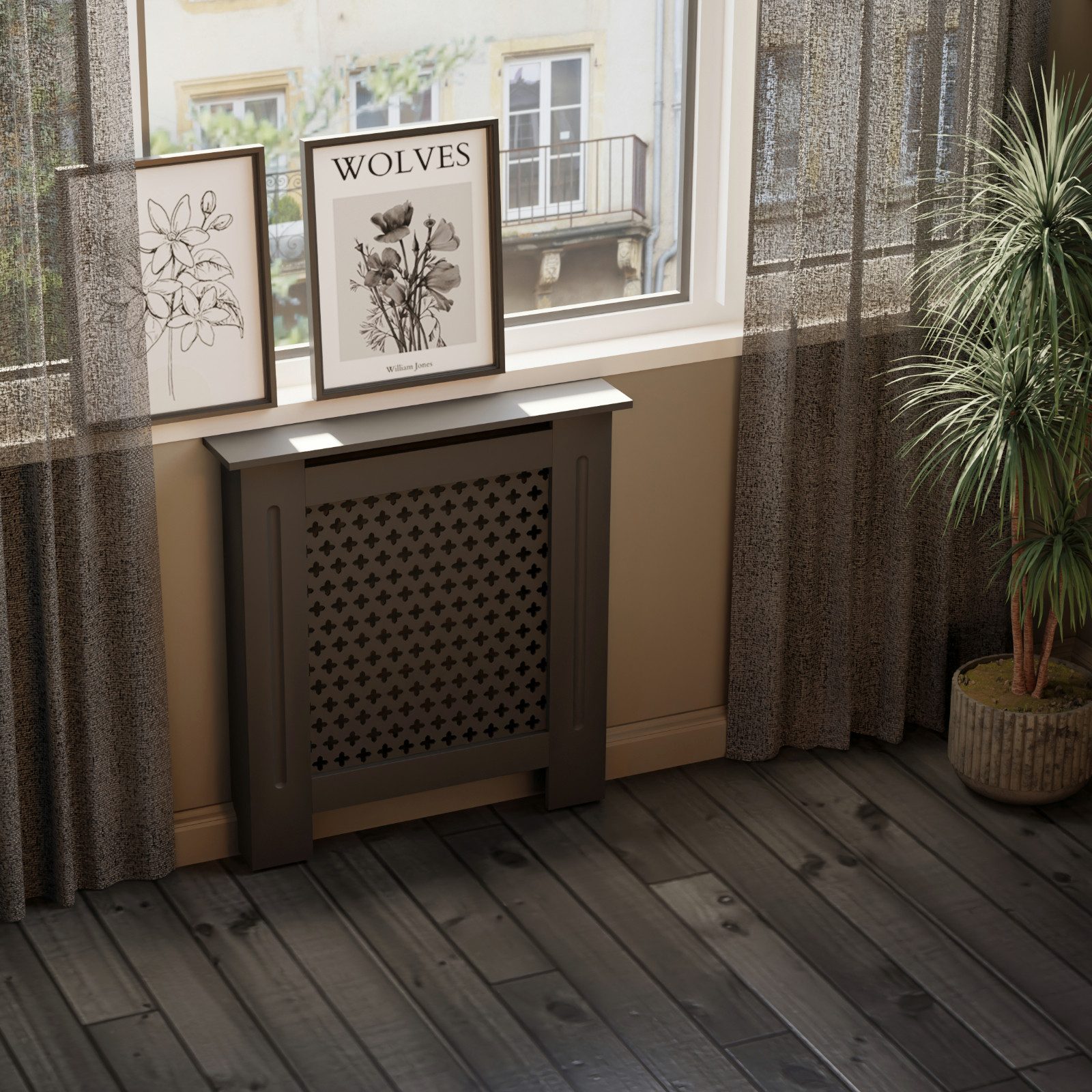 HAGO Heizungsverkleidung Heizungsabdeckung Holz 78x19x82cm Schwarz Wabenmuster Regalfläche
