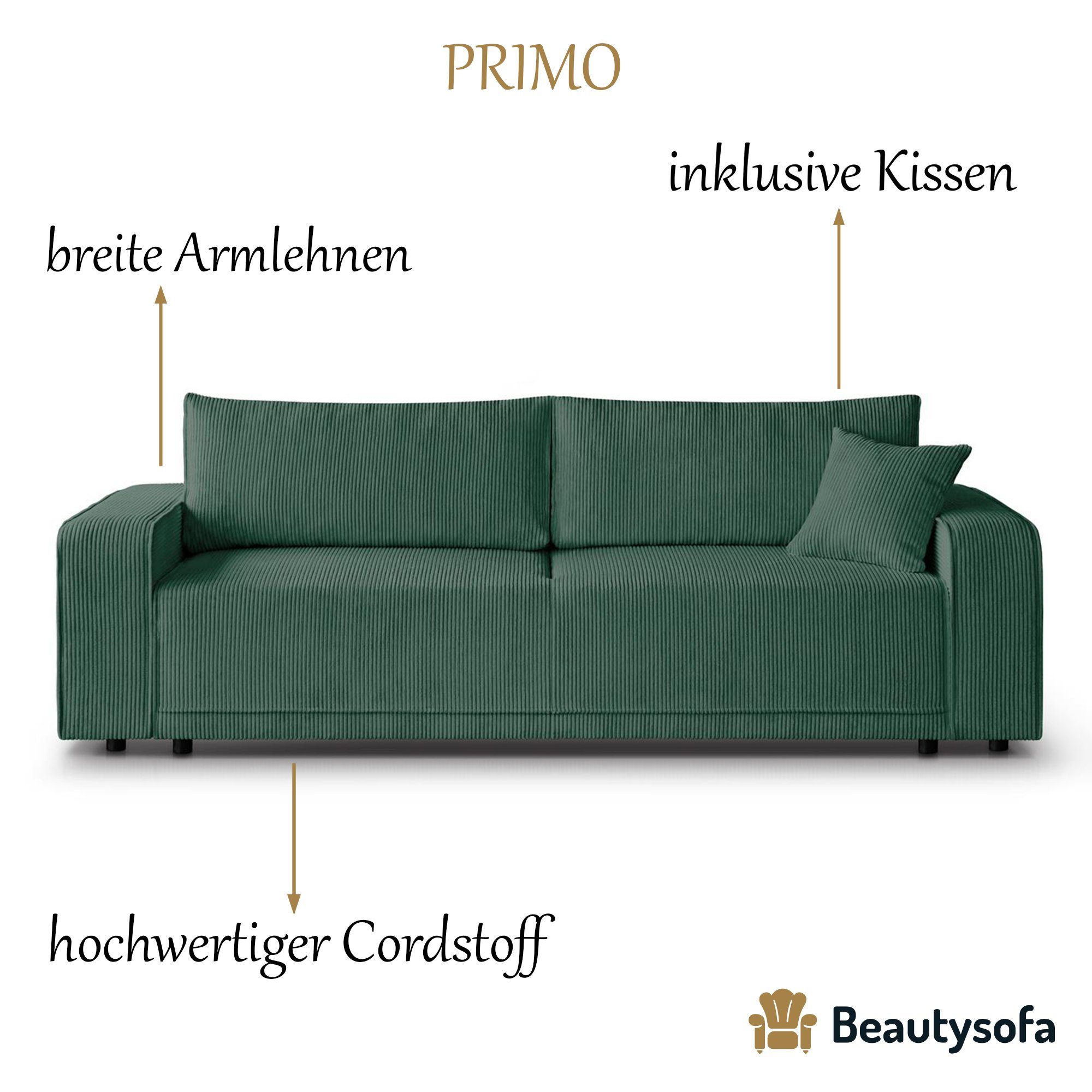 PRIMO, 14) Sofa, Grün Beautysofa modernes Schlaffunktion, Design Armlehnen breite Bettkasten, Wellenfedern, Schlafsofa (poso