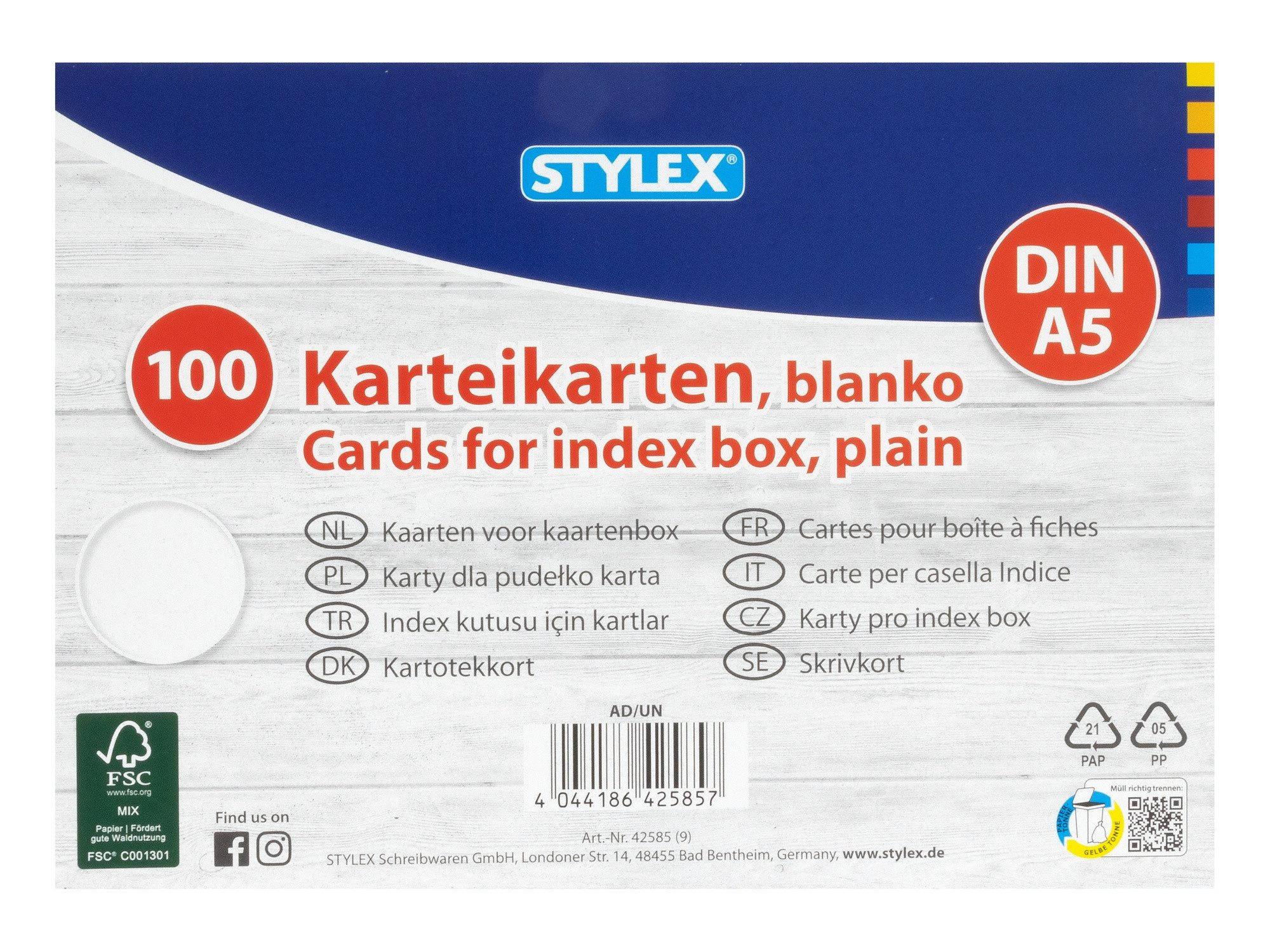 Stylex Schreibwaren Karteikarten 100 Karteikarten / DIN A5 / blanko