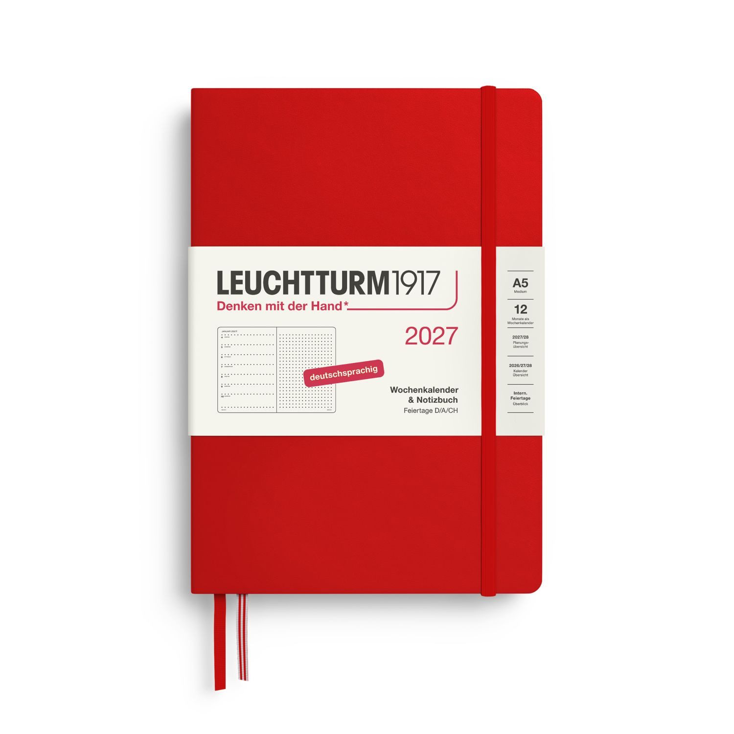 Leuchtturm1917 Taschenkalender Wochenkalender 2027 & Notizbuch Dotted Medium A5 Hardcover Cherry