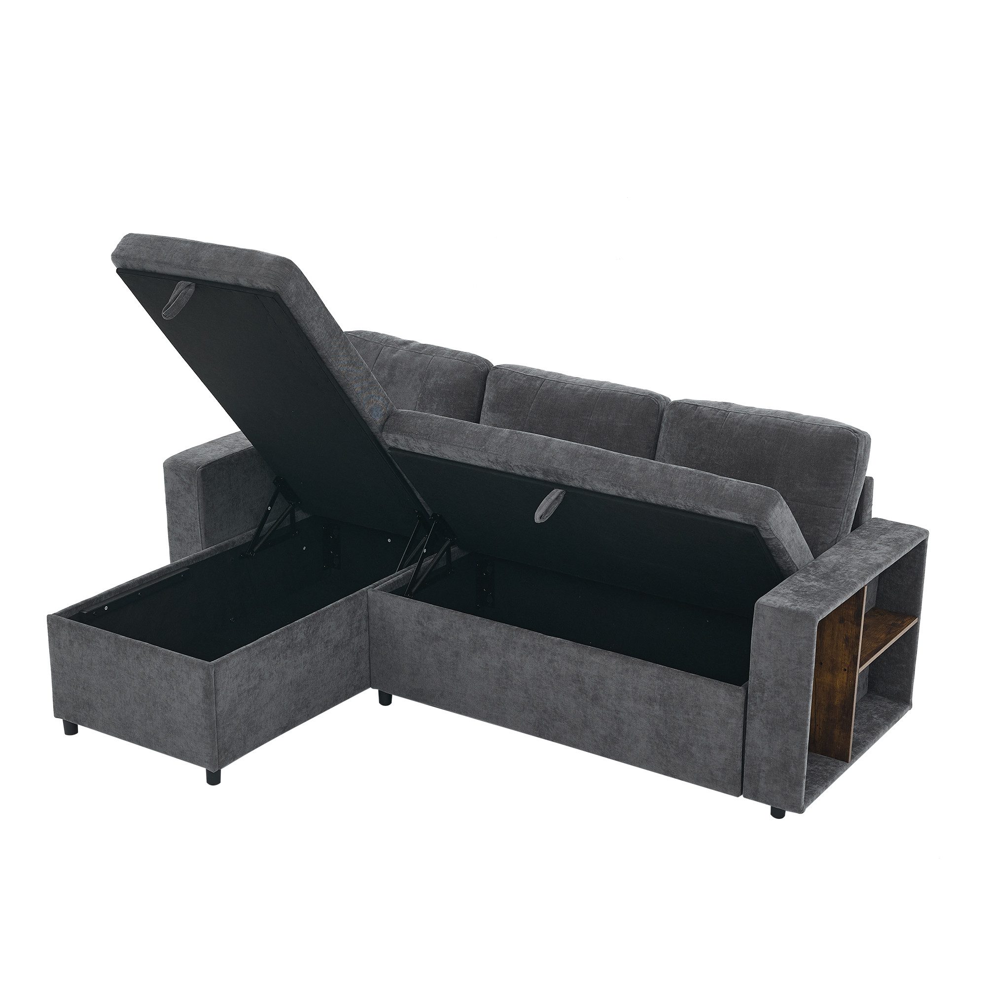 Merax Ecksofa L-förmiges Sofa, Chenille Dreisitzer Couch, links/rechts montierbar, 202 x 136 x 85 cm 1 Teile, Schlafsofa Sofa mit Armlehnenregale, Staufächern & Stauraum