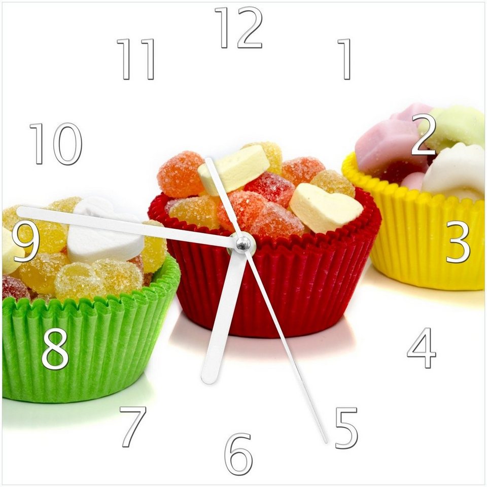 Wallario Wanduhr Sweets - Süßigkeiten-Muffins in der Küche (Glasuhr)