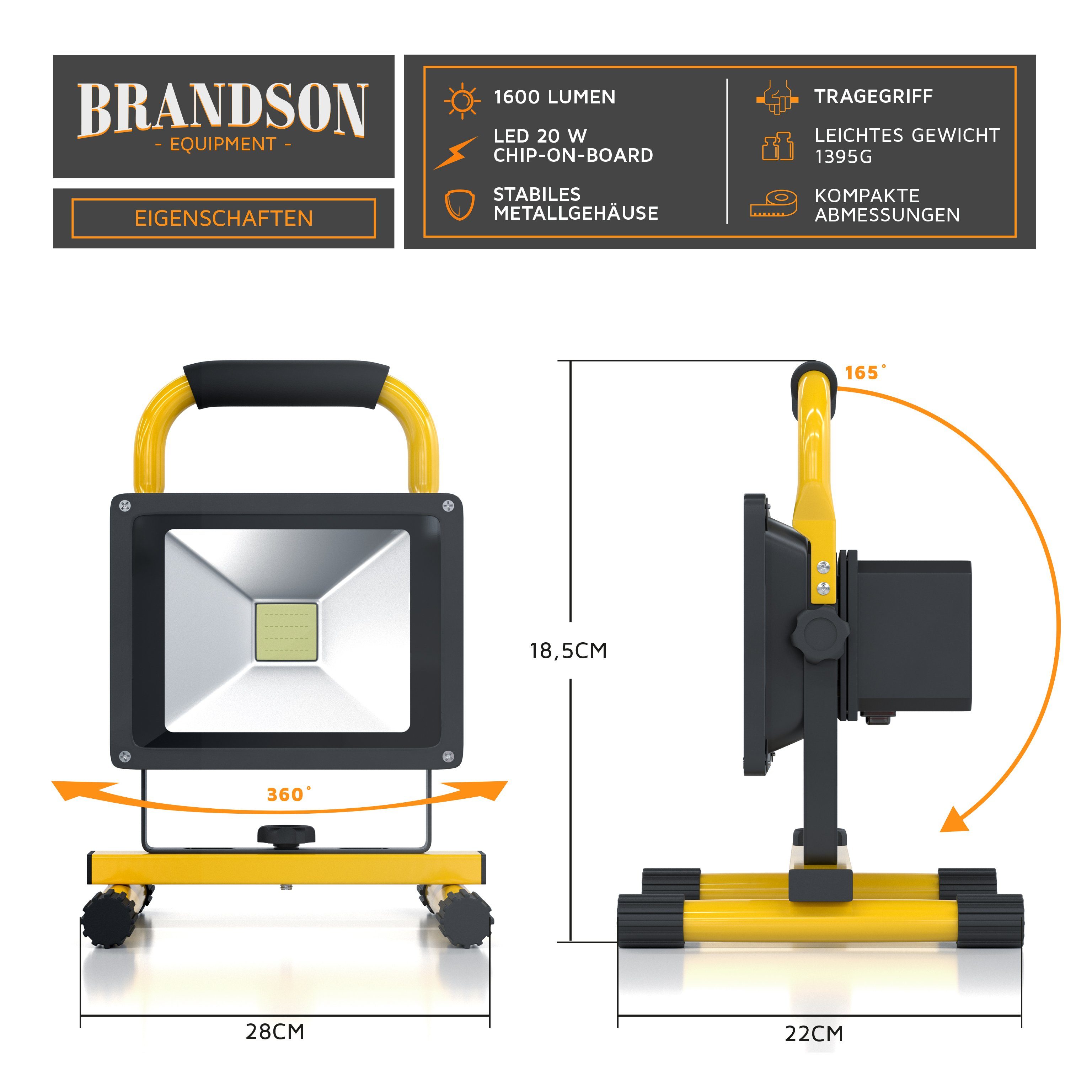 Standgestell mit Brandson 20W Tragegriff Außen Baulampe & für Innen Akku, & LED Baustrahler,