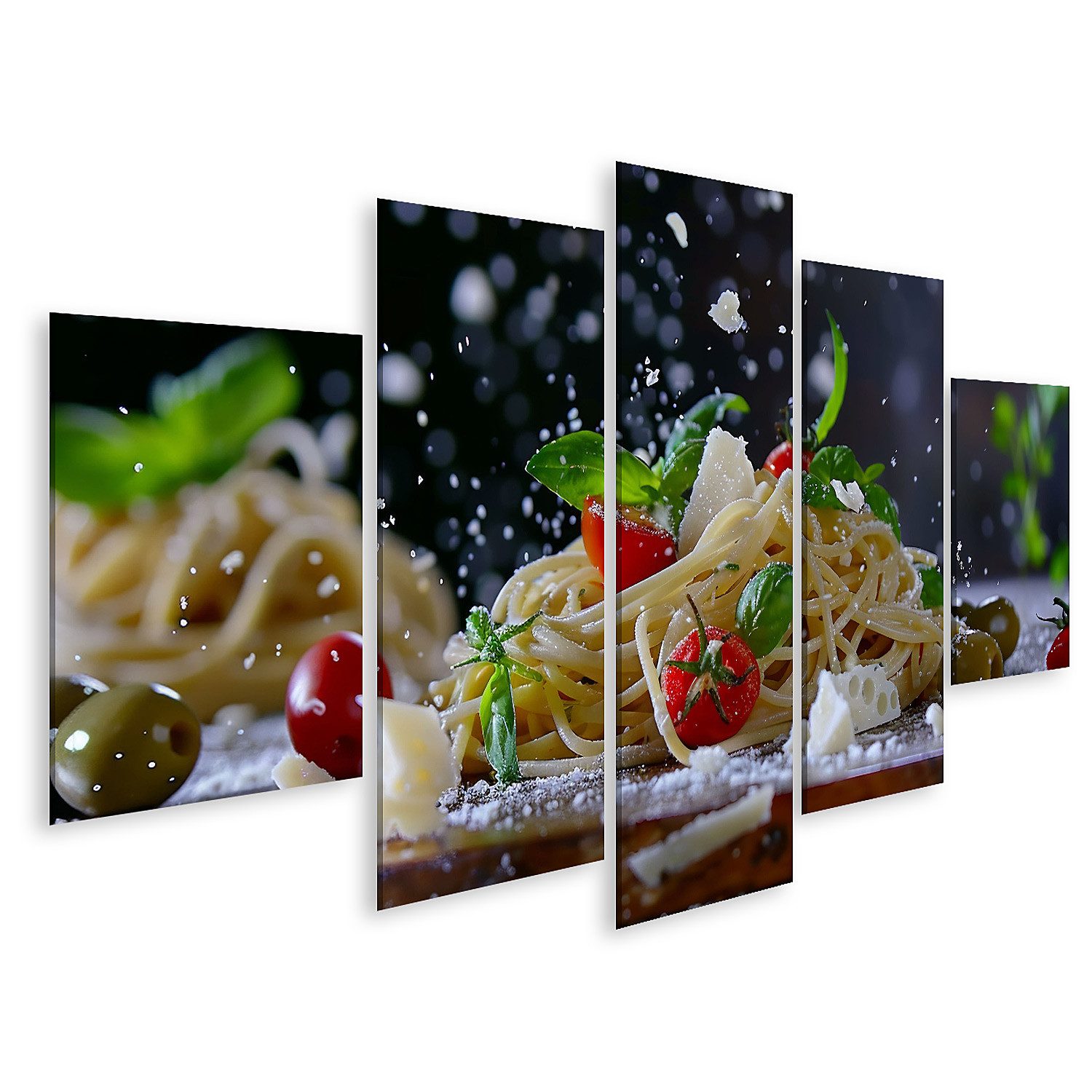 islandburner Leinwandbild, Frische Spaghetti mit Tomaten und Basilikum